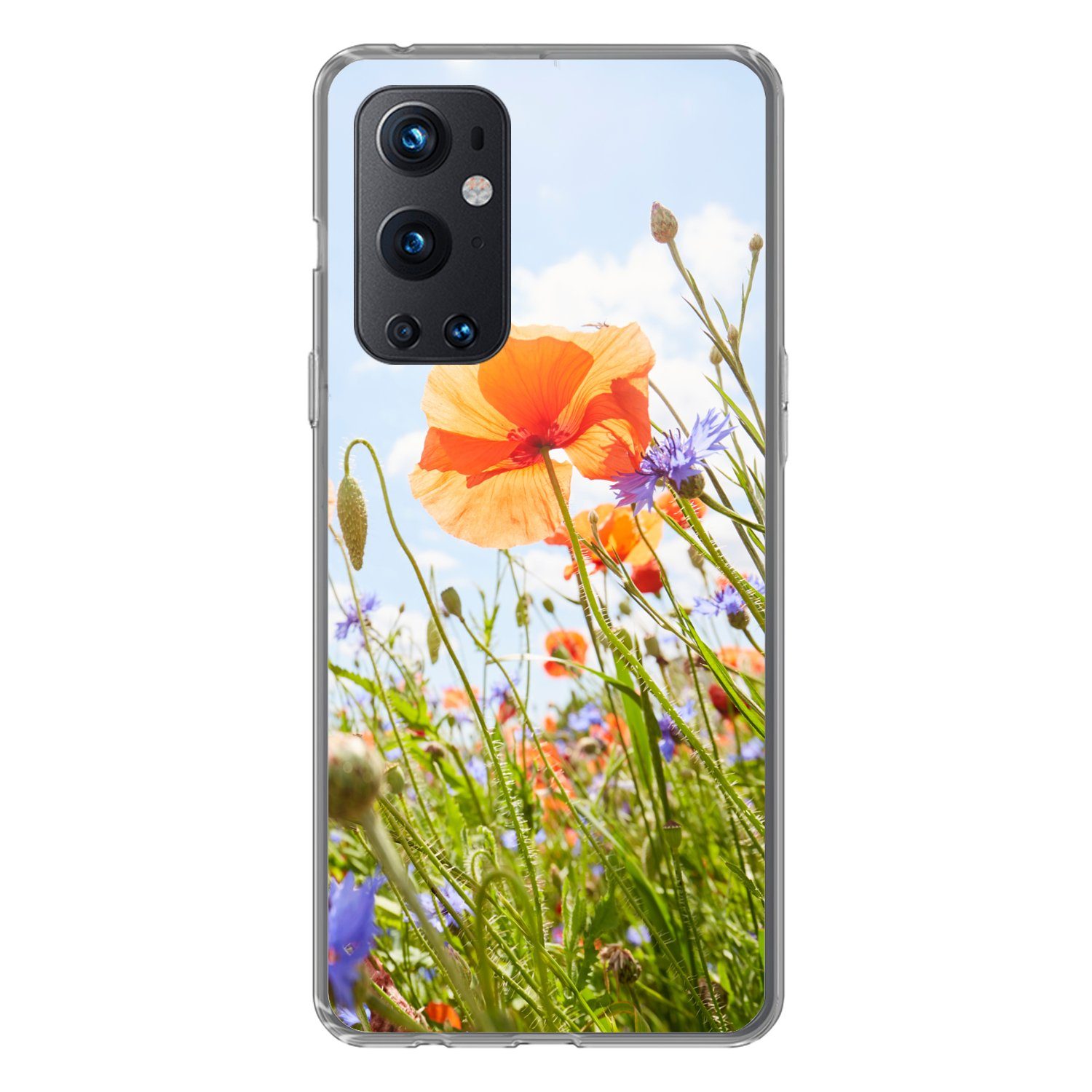 MuchoWow Handyhülle für OnePlus 9 Pro Blumen - Mohn - Frühling - Natur - Rot - Blau, Phone Case, Silikon, Schutzhülle Dünn