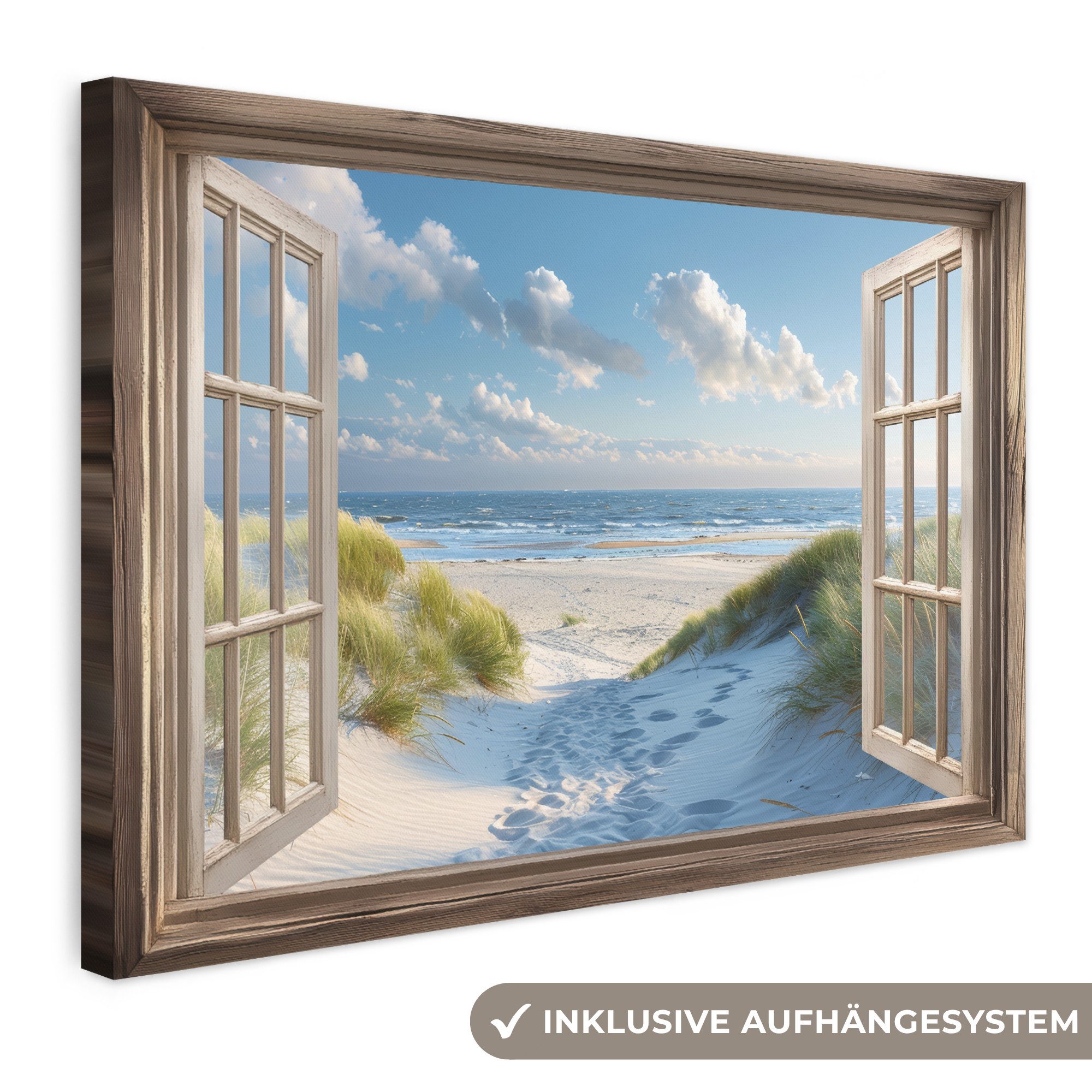 OneMillionCanvasses® Leinwandbild Aussicht - Strand - Fenster - Dünen - Meer, Fotodruck (1 St), Leinwand Bilder Klein, Wand Dekoration Aesthetic 30x20 cm