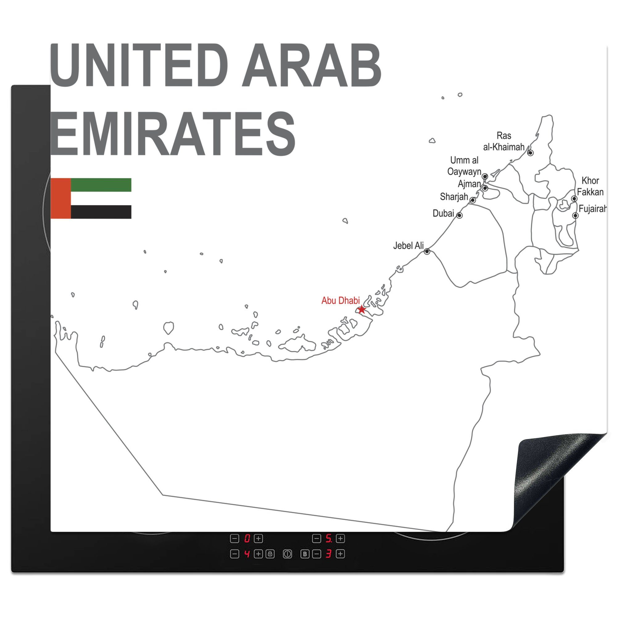 MuchoWow Herdblende-/Abdeckplatte Eine Illustration einer weißen Karte der Vereinigten Arabischen, Vinyl, (1 tlg), 60x52 cm, Mobile Arbeitsfläche nutzbar, Ceranfeldabdeckung