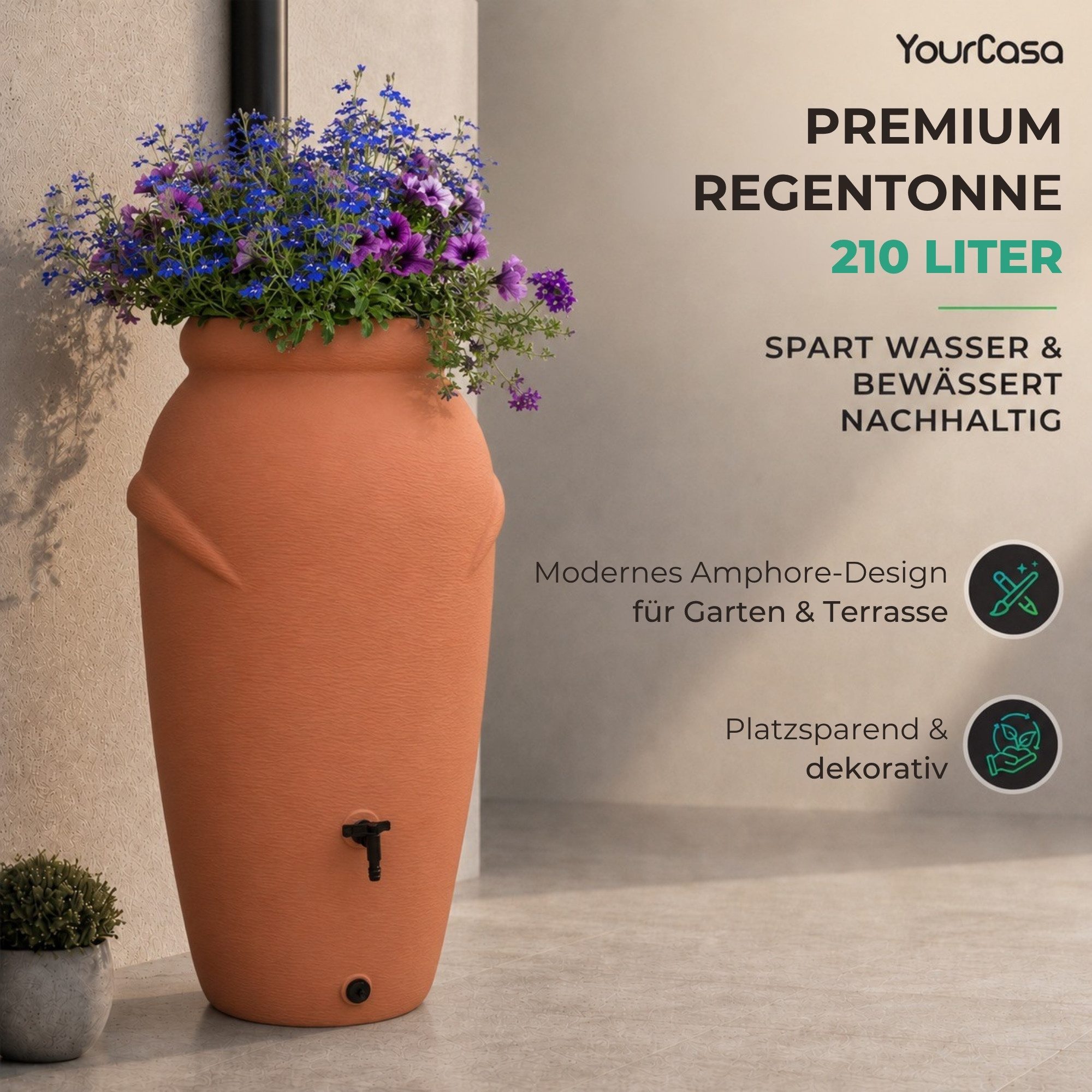 YourCasa Regentonne 210 Liter [Amphore Design] Regenfass aus Kunststoff mit Wasserhahn, Bepflanzbar, 210L, Wasserhahn, Deckel