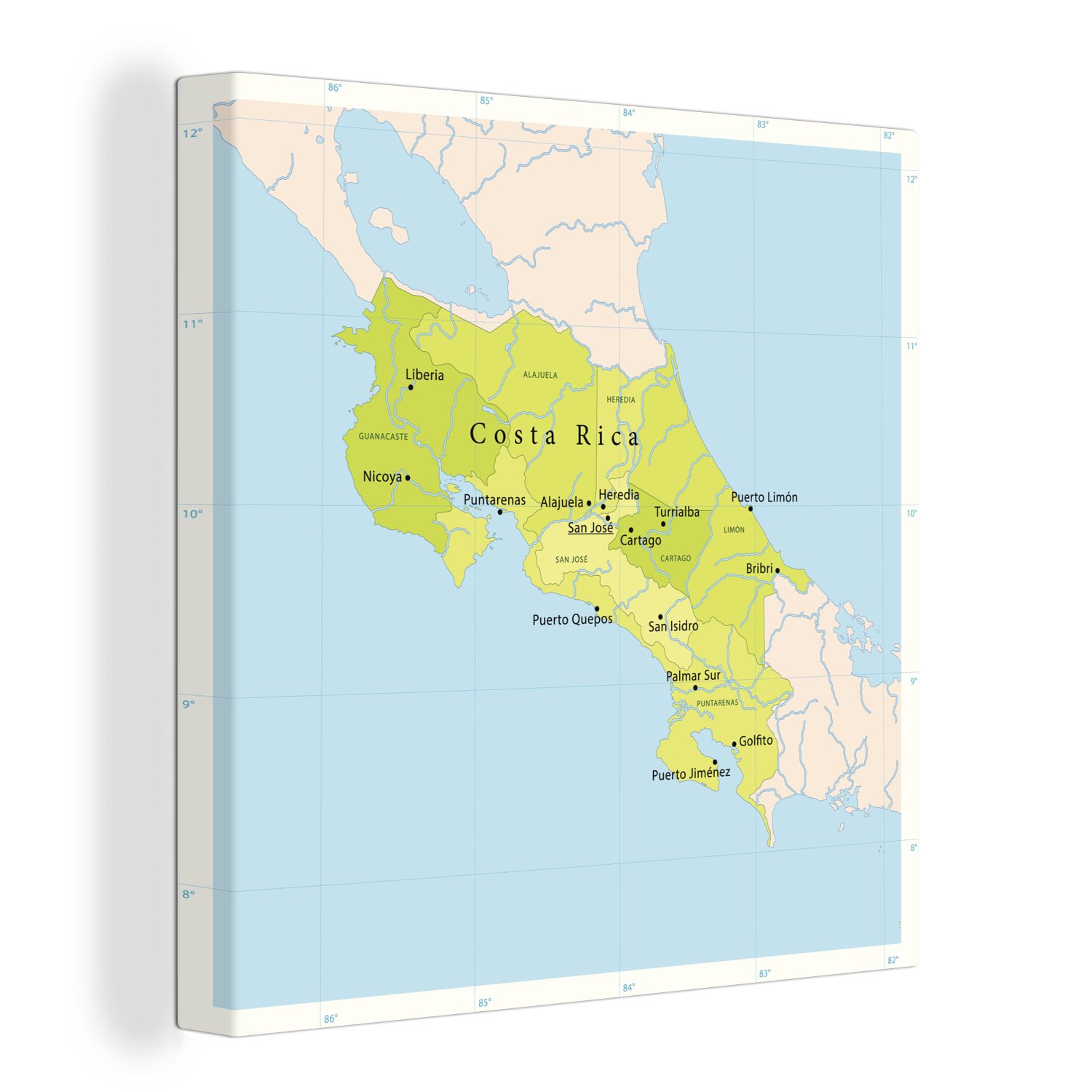 OneMillionCanvasses® Leinwandbild Illustration einer Landkarte mit Costa Rica in grün, (1 St), Leinwand Bilder für Wohnzimmer Schlafzimmer