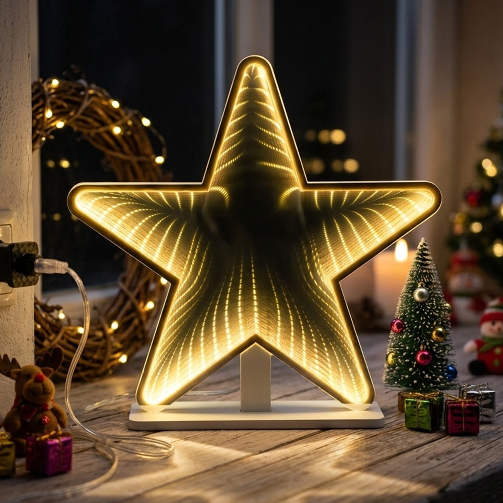 Salcar LED Dekofigur LED Infinity Weihnachtsstern Deko Sternbeleuchtung Fensterleuchter, 3D LED Stern, 80 LEDs, Tischdeko für Innen & Außen, IP44