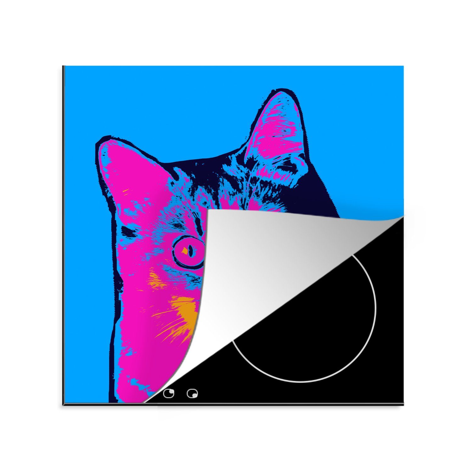MuchoWow Herdblende-/Abdeckplatte Ein Pop-Art-Porträt einer Katze, Vinyl, (1 tlg), 78x78 cm, Ceranfeldabdeckung, Arbeitsplatte für küche