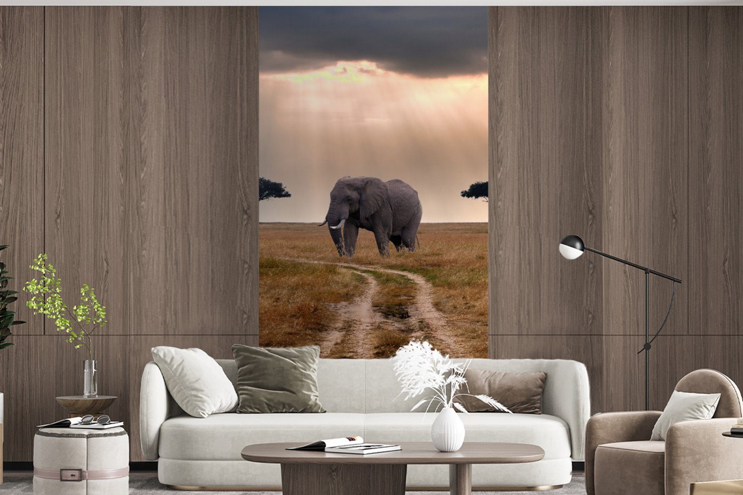 Matt, Fototapete für Tiere Elefant - St), bedruckt, Schlafzimmer MuchoWow (2 Küche, Wohnzimmer Fototapete Wiese - - Sonne, Vliestapete