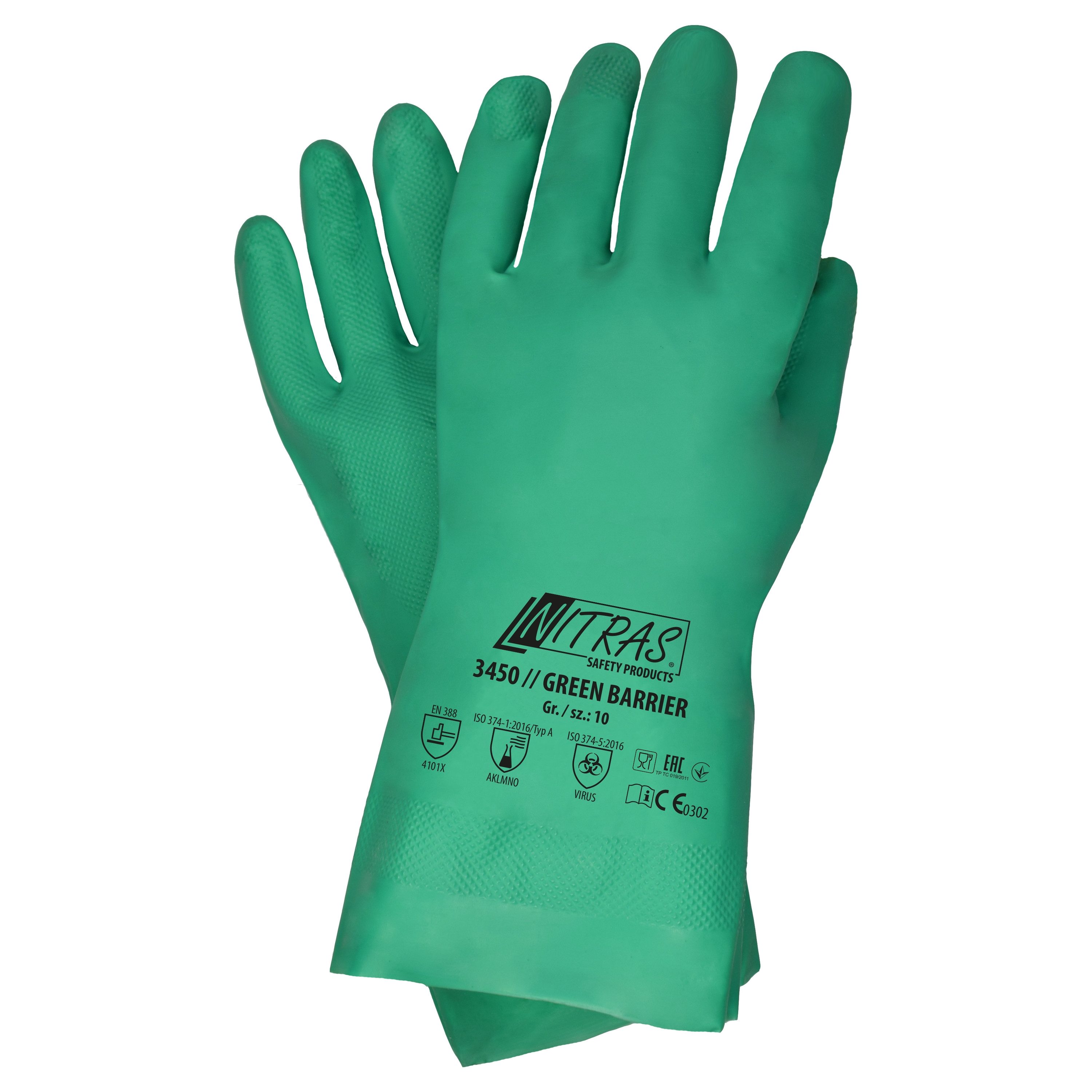 Nitras Chemikalien-Schutzhandschuhe Putzhandschuh Green Barrier 3450 Nitrilhandschuhe Schutzhandschuhe (Packung, 12-St., VPE= 12 Paar, Gr 8-11) Chemikalienbeständig/Lebensmittelkontakt geeignet