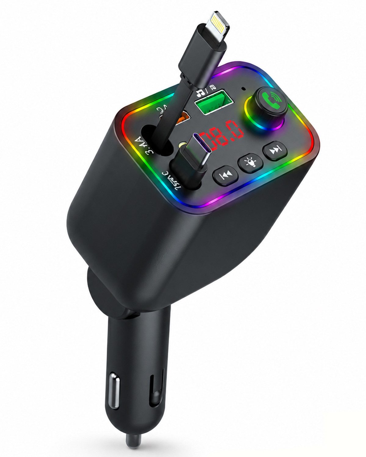 Fyrove Bluetooth-FM-Transmitter für Auto,PD3.0/PP/PPSQC4.0+AFC Schnelllade KFZ-Transmitter Bluetooth FMTransmitter Auto zu mit Dual einziehbaren Kabeln, RGB Ambientebeleuchtung, PD Schnellladen, LED Digitalanzeige, Freisprecheinrichtung,U-Disk & Musik-Streaming