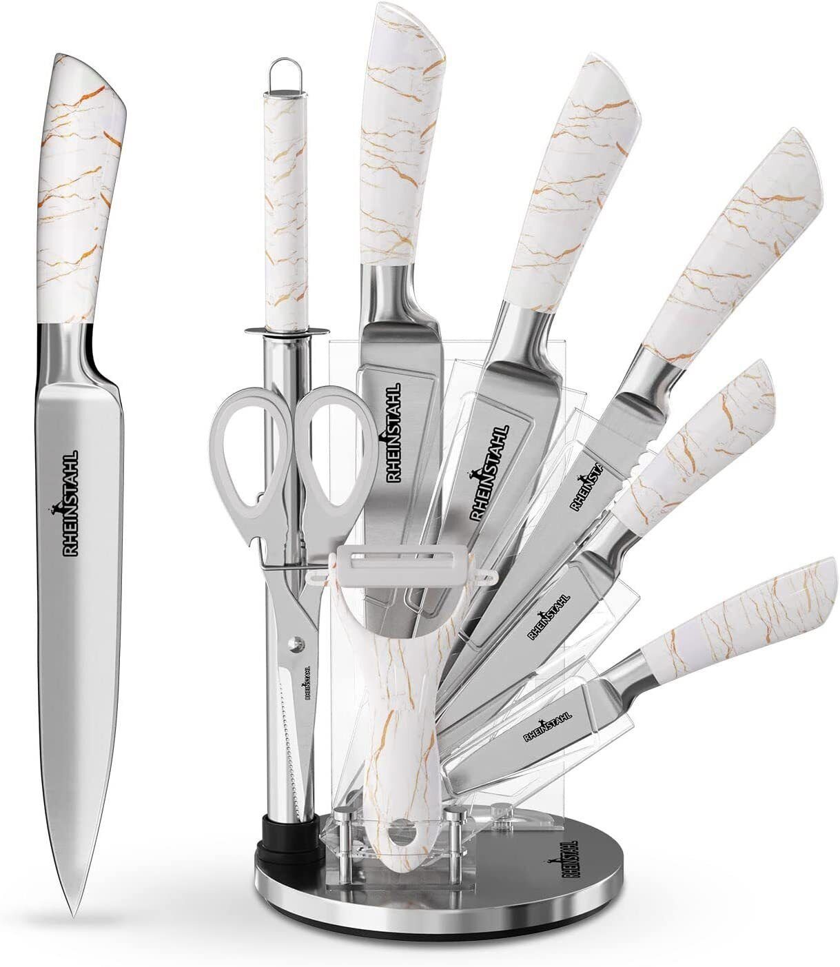 RHEINSTAHL Messer-Set 9 teilig Messerblock Messerset Küchenmesser Set Profi Kochmesser, Edelstahl hochwertiges SelbstschärfenMesser Küchenmesser Set Weiss