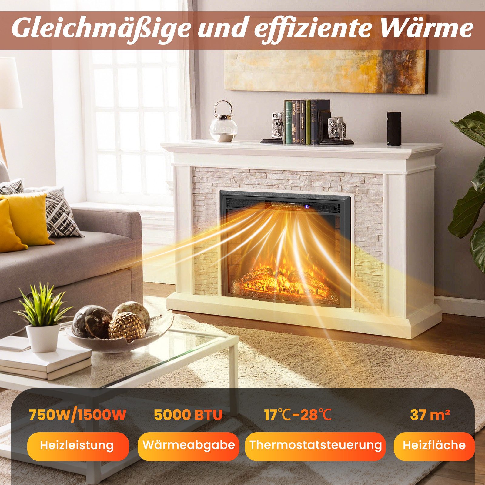 COSTWAY Elektrokamin, mit Heizung, 6H Timer, Flammeneffekt, 750W/1500W