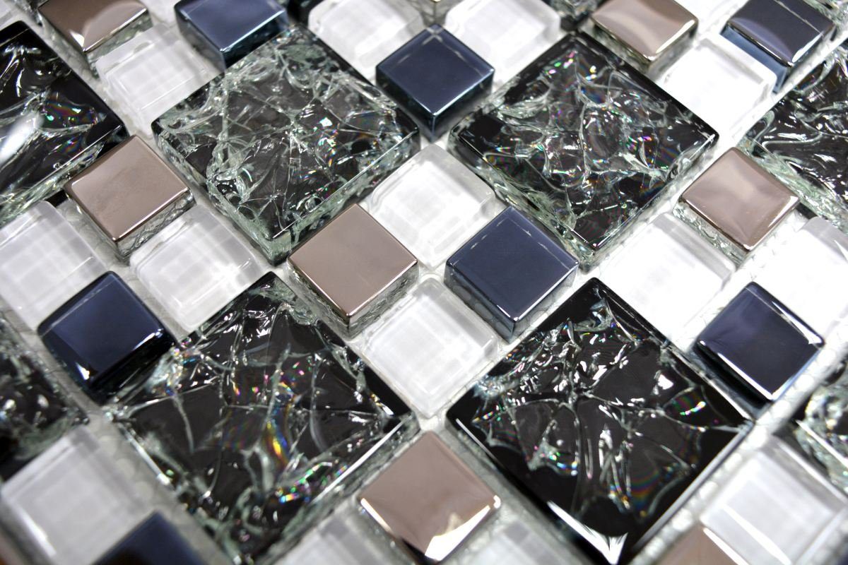 Mosani Mosaikfliesen Matten / silber Mosaikfliesen Glasmosaik Crystal glänzend 10 schwarz