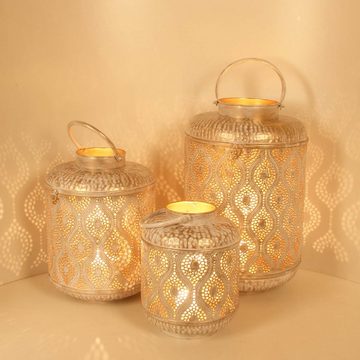 Casa Moro Kerzenlaterne Suraya 3er Set in Shabby Chic Weiß Gold aus Metall (Marokkanisches Windlicht stehend & hängend, 3er Set), Tischlaterne für Feier Dekoration Geschenk IRL5010