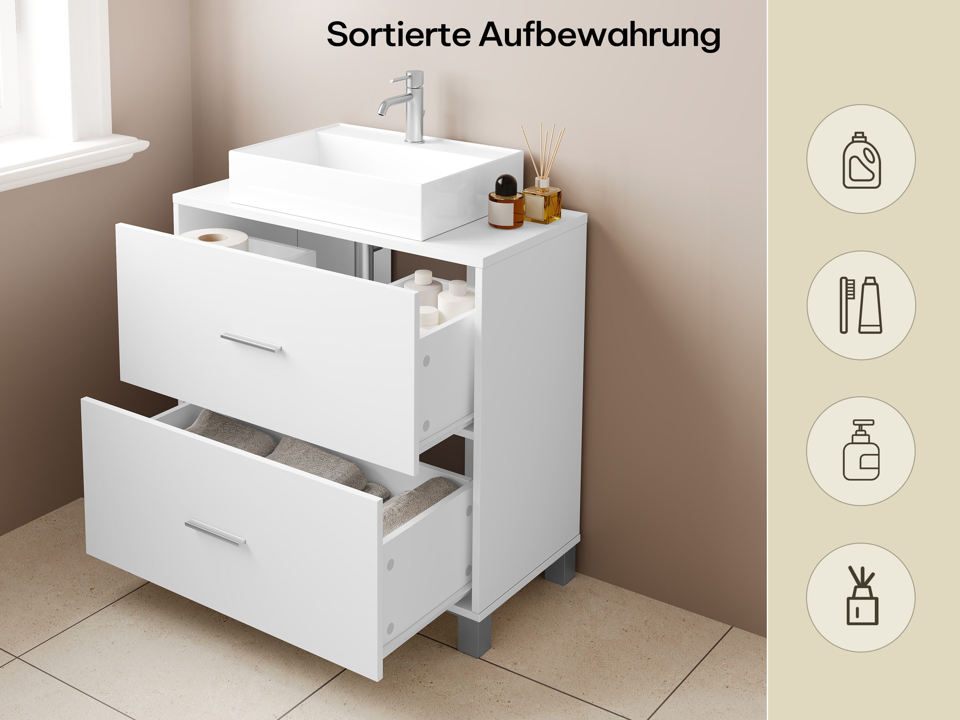 EUGAD Waschbeckenunterschrank (1-St) mit 2 Schubladen, freistehend, weiß, 60x60x30 cm – Bild 5 von 5
