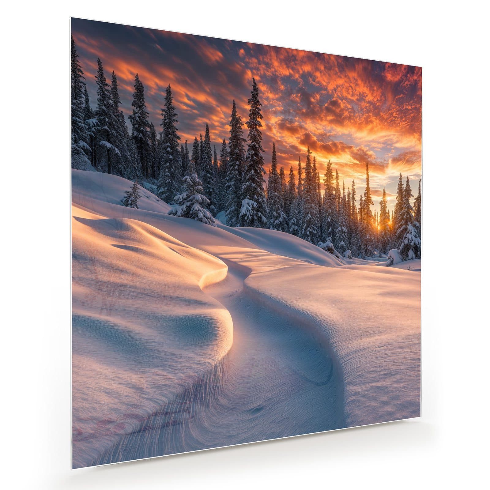 Primedeco Glasbild Wandbild Quadratisch Winterlandschaft Sonne mit Aufhängung, Jahreszeiten (21 verschiedene Größen, 1 St), Elegante Aufhängung