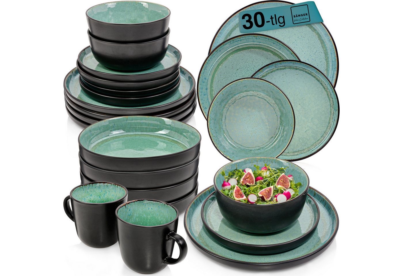 SÄNGER Tafelservice Fiji Geschirrset, Grün Schwarz (30-tlg), 6 Personen, Steingut, Handmade, Erweiterbar, VALUE COLLECTION