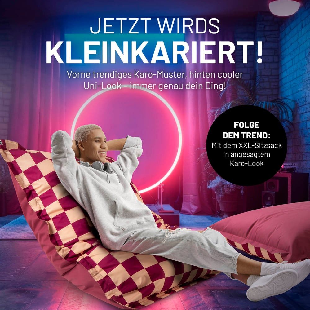 Lumaland Sitzsack XXL-Sitzsack Karo 380L weinrot/pfirsich, mit EPS-Perlen - out- & indoor - wasserfest
