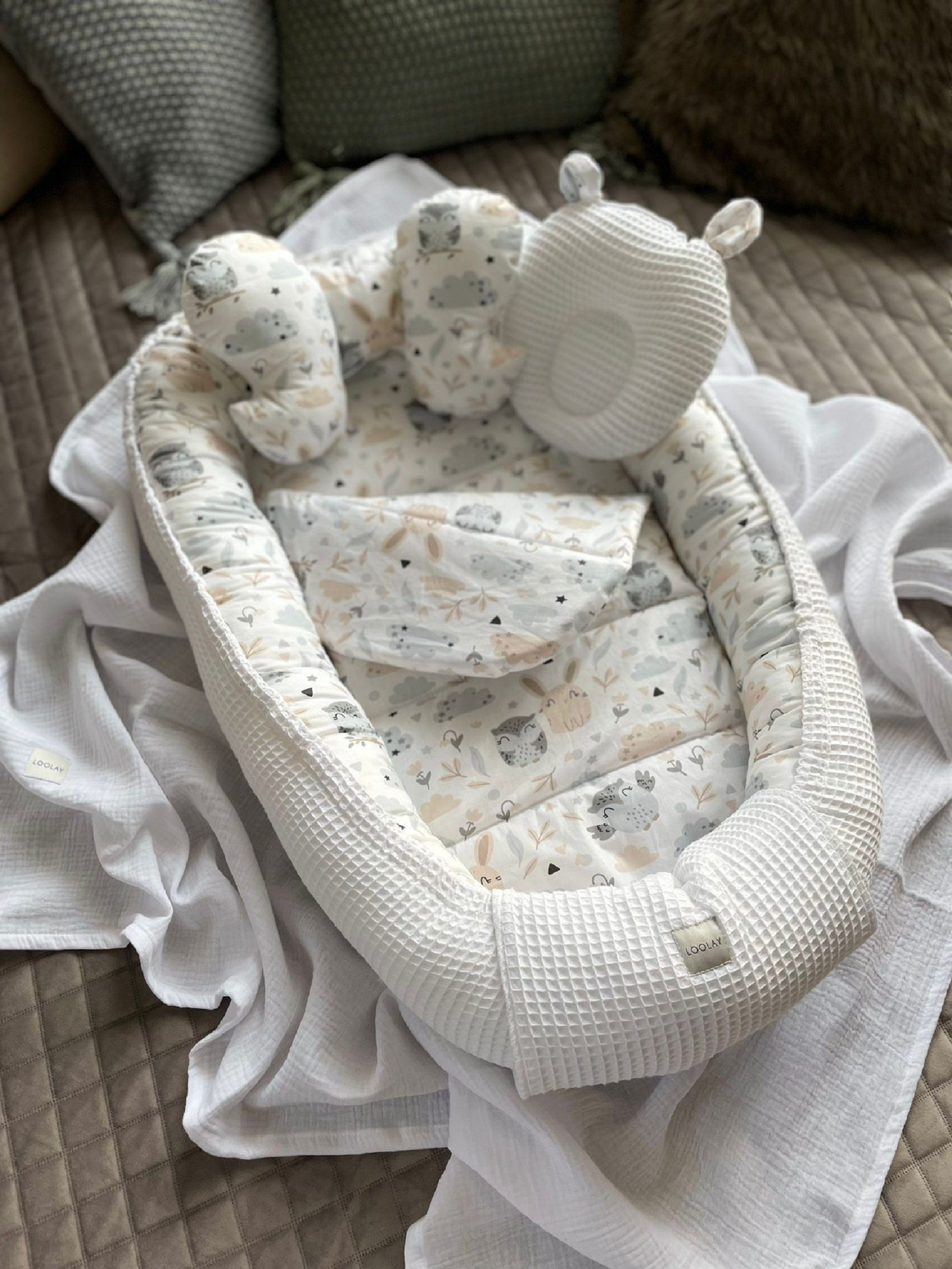 Bettnestchen Weiß WAFFELPIQUE/ HASE Beige Babynest Babyaustattung Neugeborene SETS