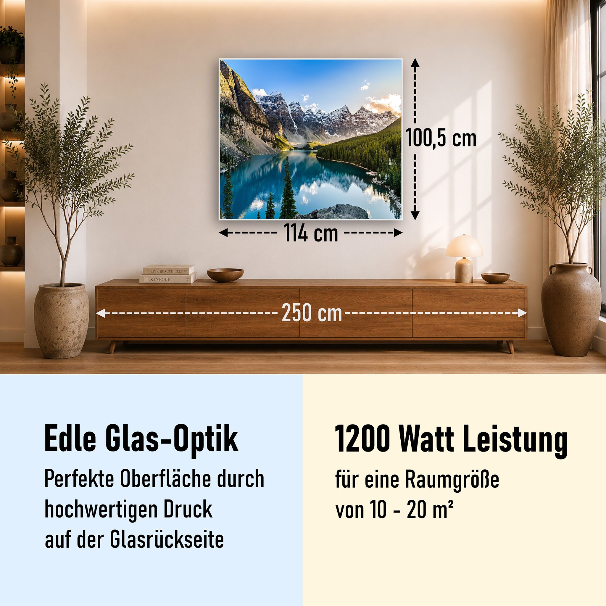 STEINFELD Heizsysteme Infrarotheizung Glas-Bild 1200W, 114x100cm, Made in Germany, 7 Jahre Garantie, mit Thermostat, Silber