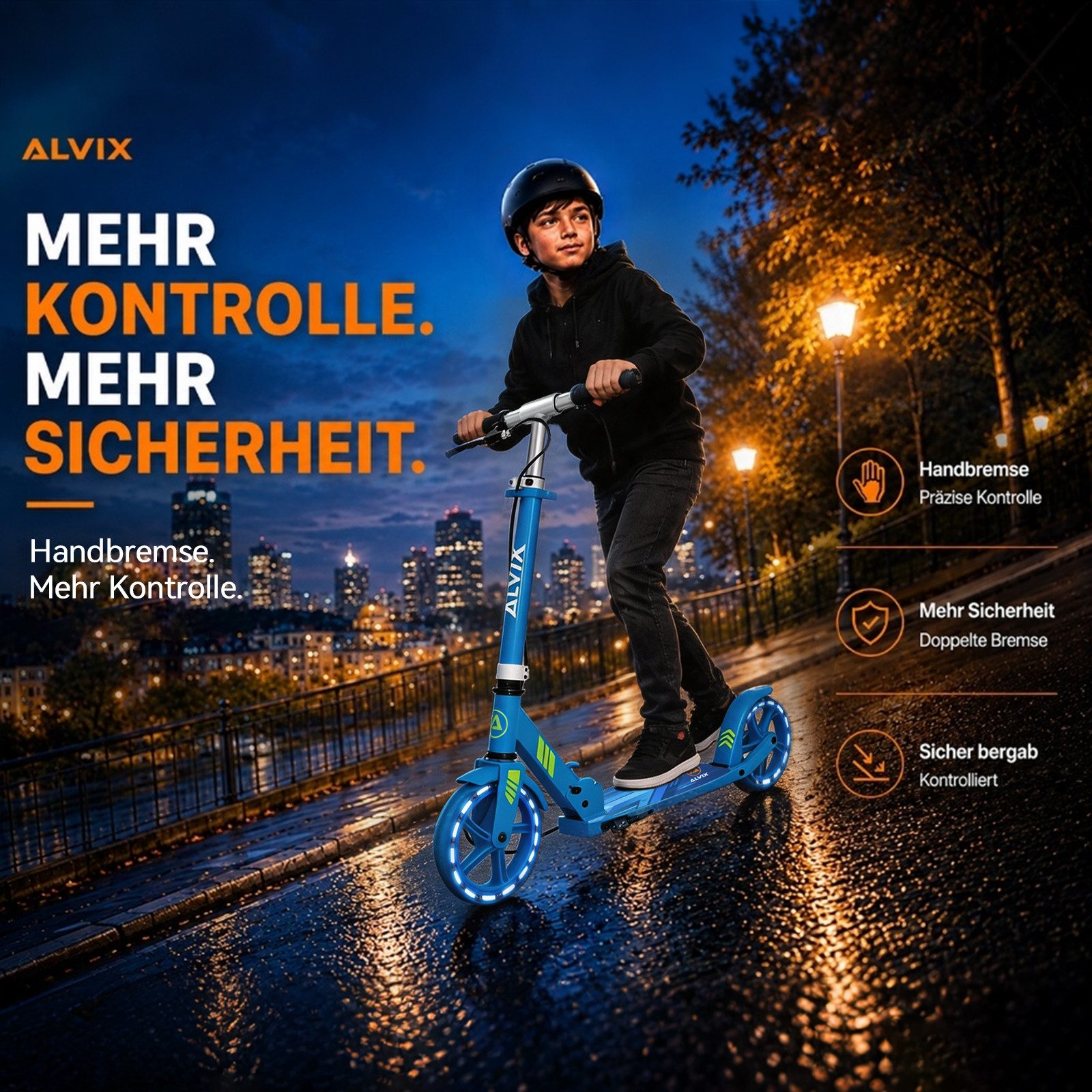 ALVIX Cityroller Kinderroller K-Serie mit Handbremse, (Einzelartikel, 1 Scooter, 1 Tragegurt, 1 Bedienungsanleitung), 200-mm-LED-Räder, breites 120-mm-Deck, faltbar, Tragegurt