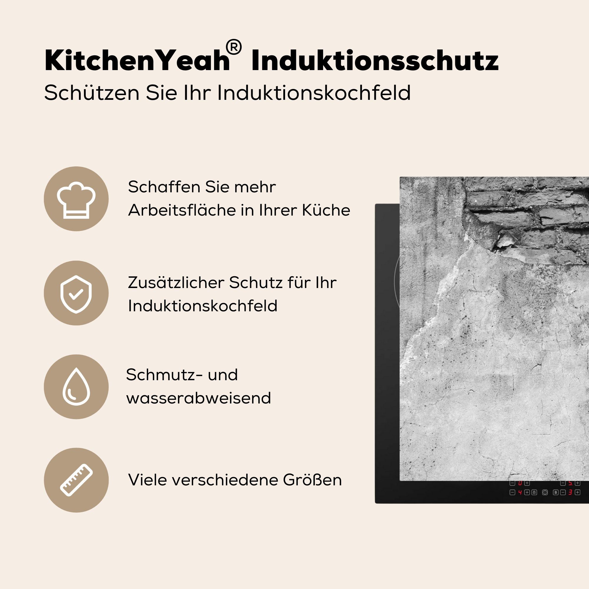 küche, cm, Backstein tlg), die - - Ceranfeldabdeckung Wand MuchoWow Weiß, (1 - Induktionskochfeld für - Herdblende-/Abdeckplatte Vinyl, Beton Schwarz 81x52 Schutz