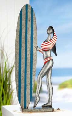 Dekofigur, Riesige maritime Dekofigur aus Zinkblech als Surferfigur, Modell: SURFER GIRL, modern und stylisch, Maße 70 x 29 cm, Farbe silber blau rot, ideal für Garten, Terrasse, Cafe, Cafeteria
