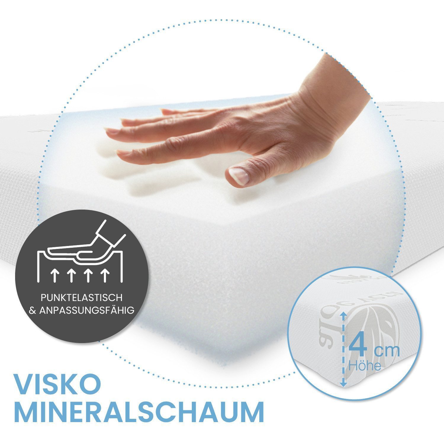 ELONEO, Topper 90x200, 100x190, 200x200 und weitere Größen, 4 cm hoch, Visko-Mineralschaum, für Hausstauballergiker, schadstoffgeprüft, mit waschbarem Bezug
