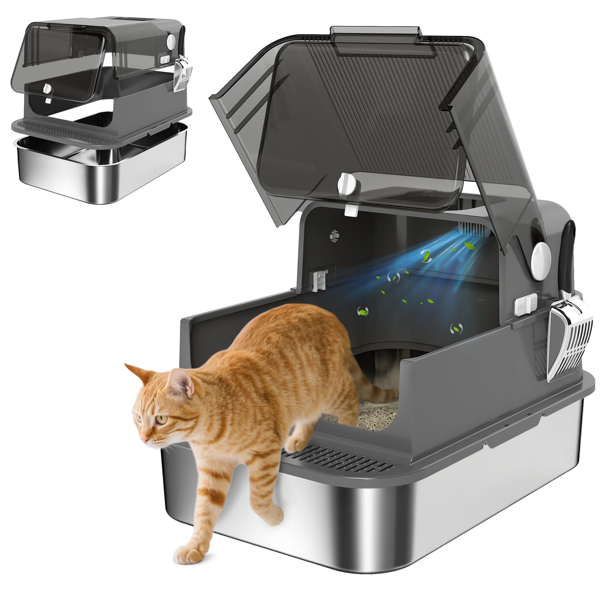 PawHut Katzentoilette Katzenklo Edelstahl mit Deckel XXL 52L für große Katzen und Mehrere, mit Doppeltüren Schaufel Pedal hoher Ränder Leicht zu Reinigen