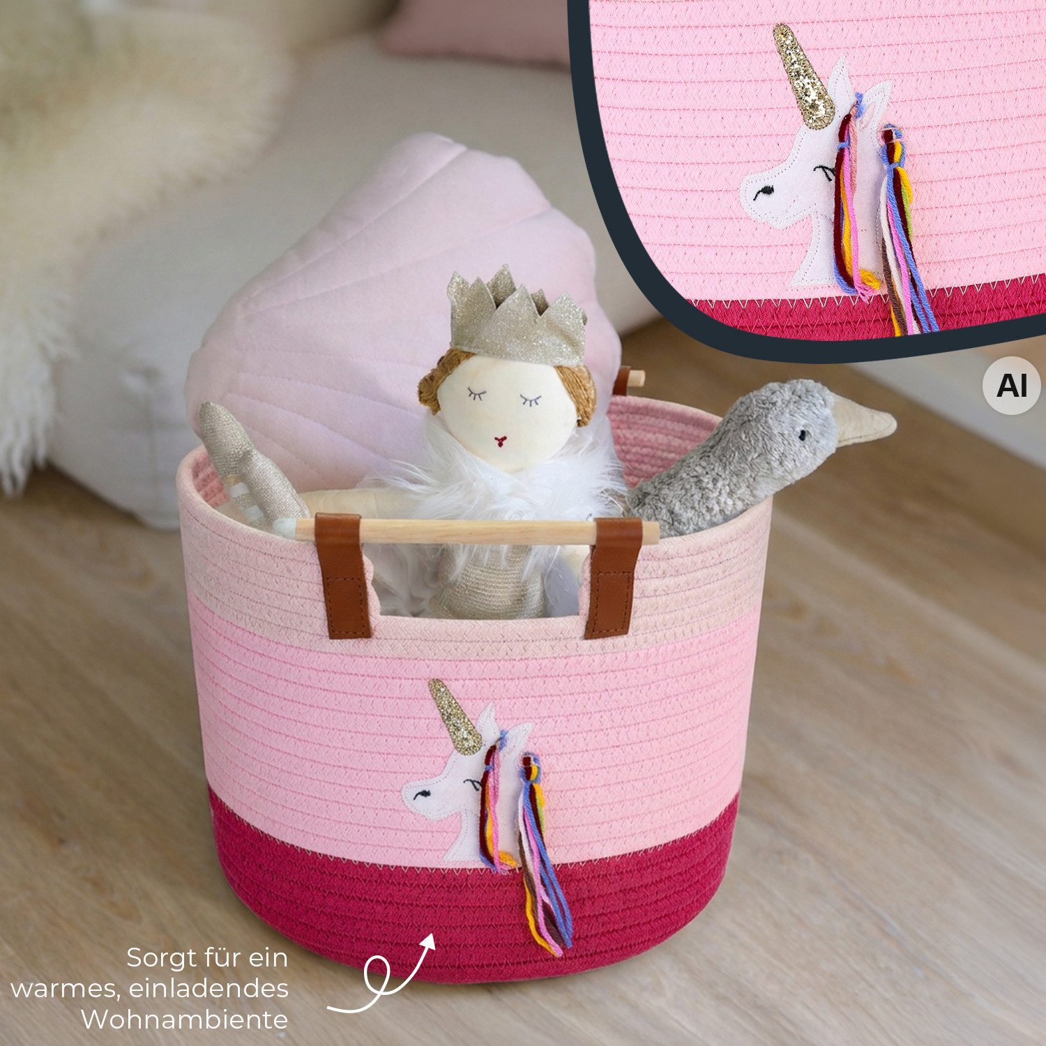 HMF Aufbewahrungskorb Aufbewahrungskorb mit Holzgriffen, runder Korb, Baumwolle für Kinderzimmer oder Babyzimmer, Einhorn, 30 x 30 x 24 cm – Bild 4 von 5