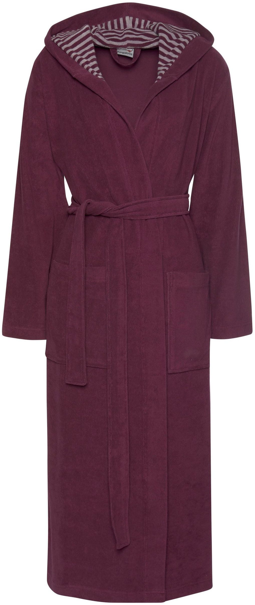 KangaROOS Damenbademantel Dalia, ideal für Sauna & Spa, Standardlänge & Überlänge, Langform, Leichtfrottier, Kapuze, Gürtel, Uni-Farben mit Streifen, Taschen, leicht, XS-3XL, auch in extra lang