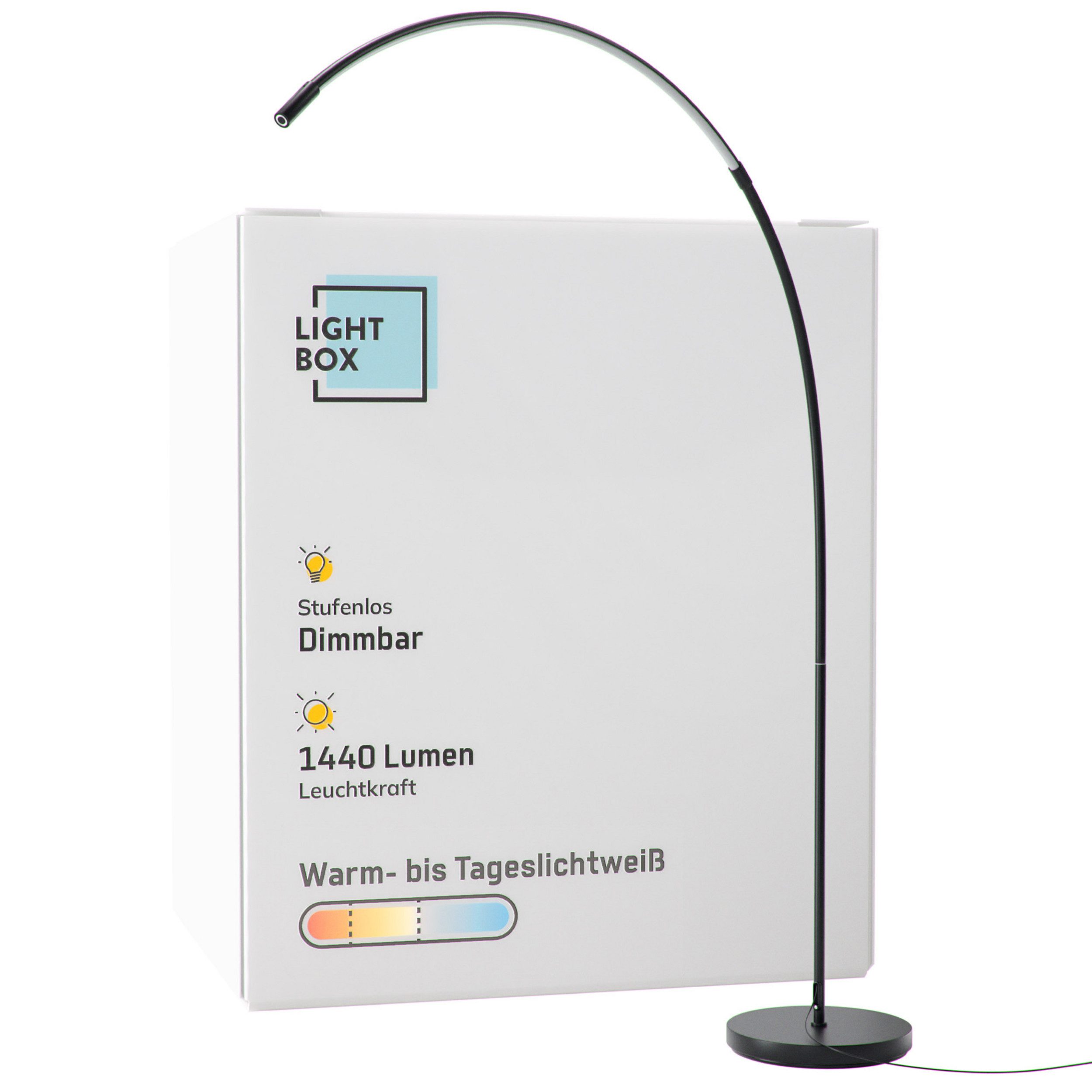 Lightbox Stehlampe, LED fest integriert, warmweiß - kaltweiß, LED Bogenlampe, 170 cm, 1300 lm, 3000-6500 K, dimmbar, CCT, schwarz