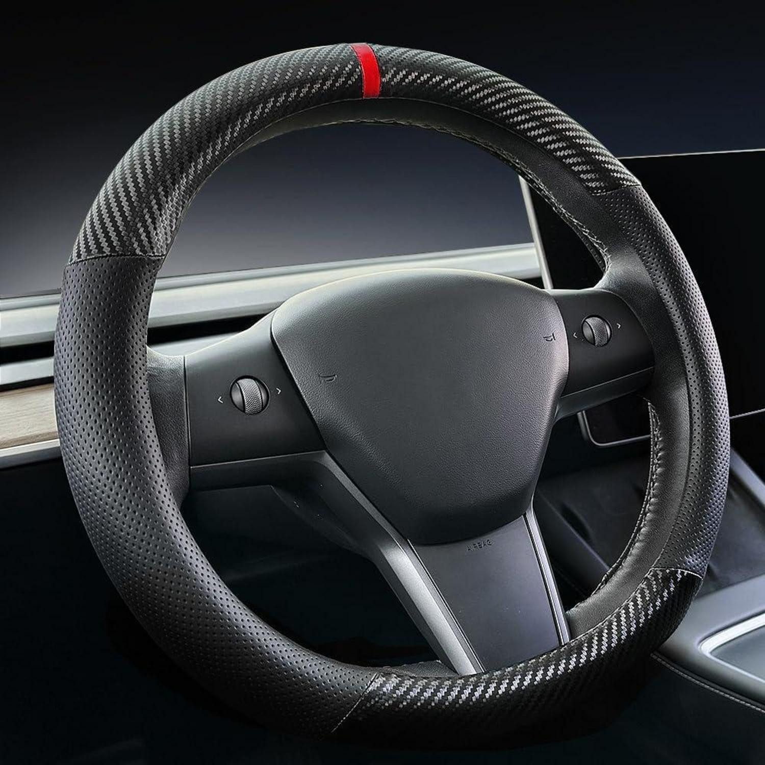 LuxusKollektion Lenkradbezug Lenkradabdeckung Leder Carbon Model3 ModelY Schwarz (Carbonfaser)
