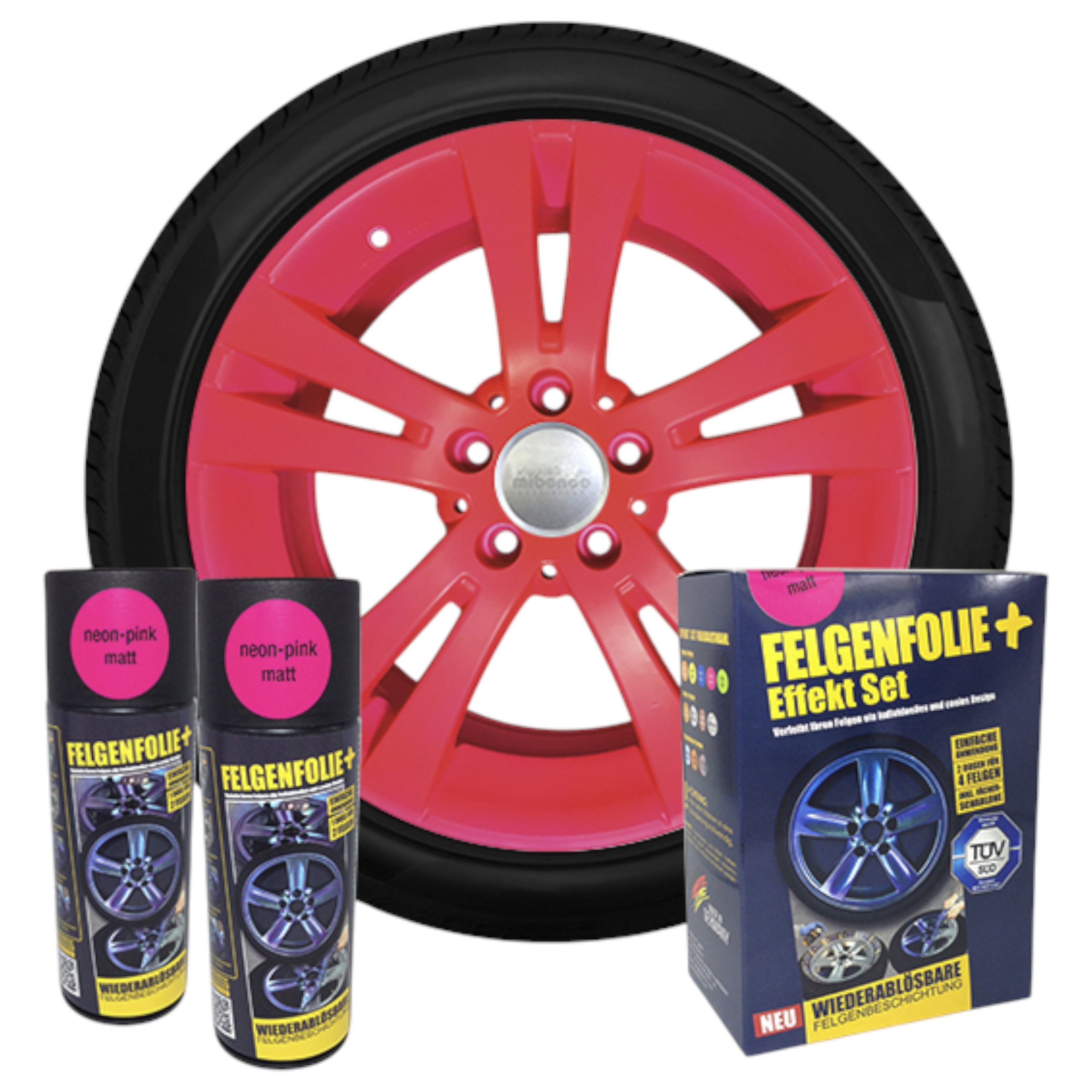mibenco Felgenaufkleber Felgenfolie + Effekt Set 2×400 ml Neonpink – Sprühfolie für Felgen