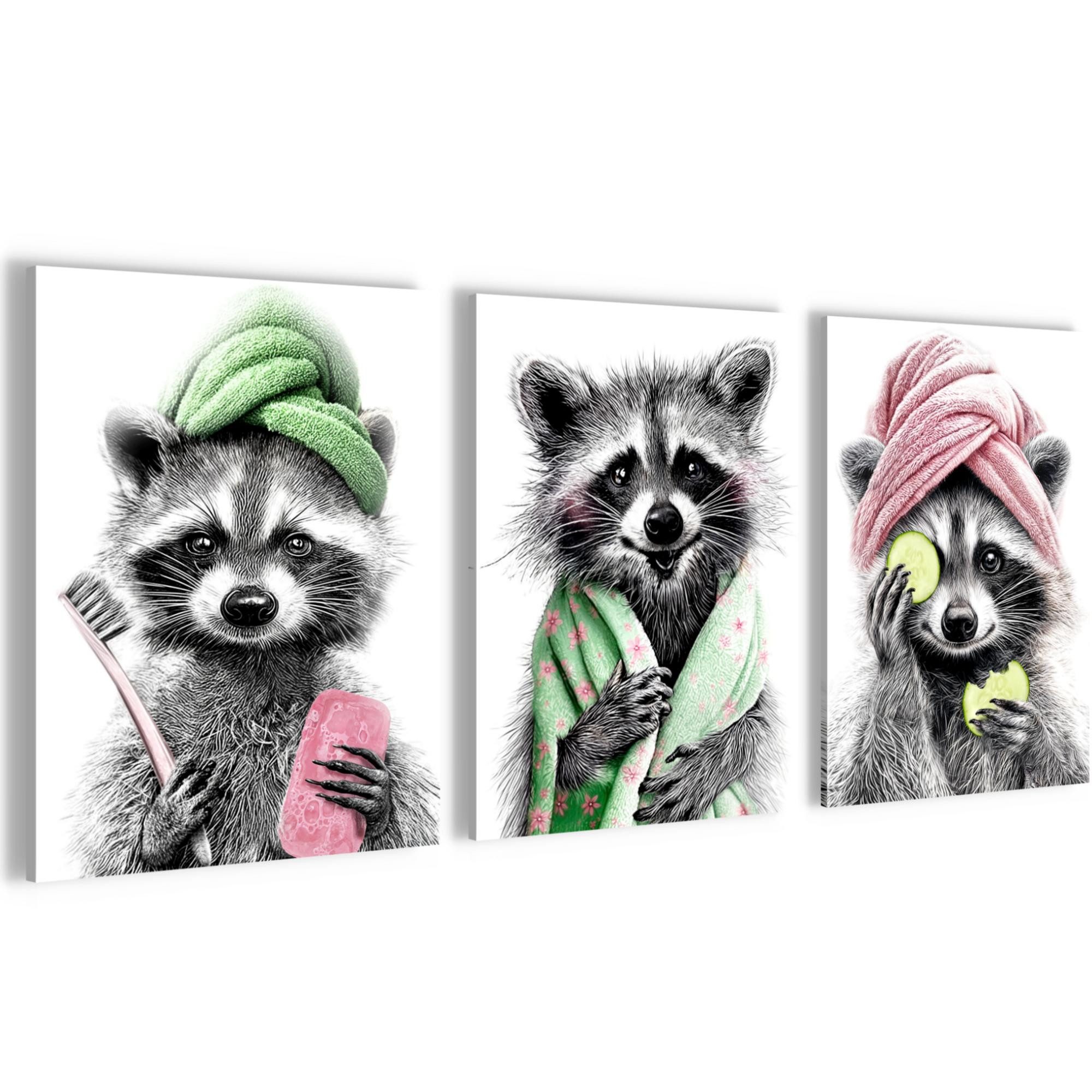 Novart Wandbild Wandbilder Set Frau im Badezimmer Lustige Toiletten Bilder, Waschbär