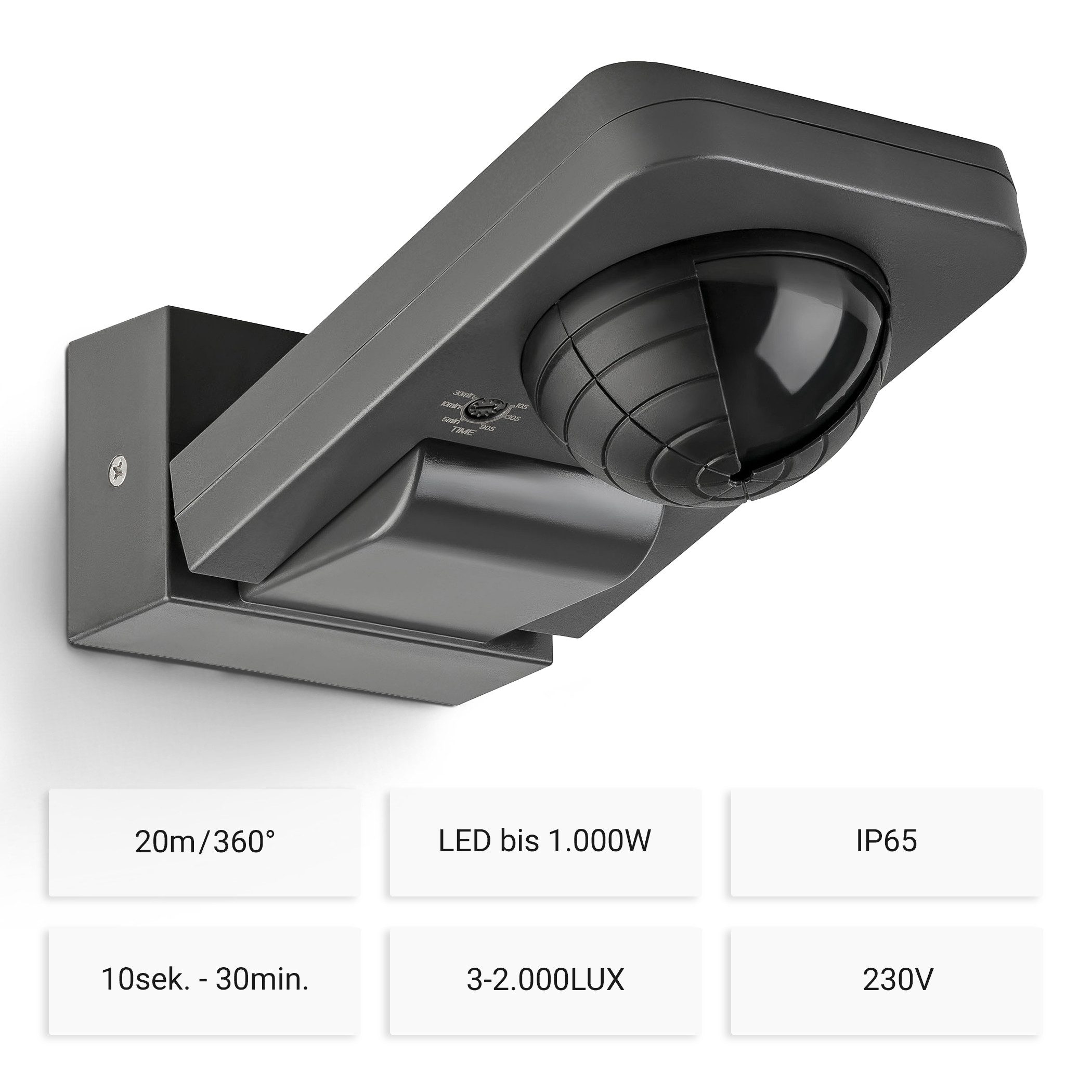 SEBSON Bewegungsmelder Infrarot Sensor Außen IP65 Aufputz, Anthrazit Reichweite 20m 360°, (1-St), Wand und Deckenmontage, LED geeignet, programmierbar; schwenkbar