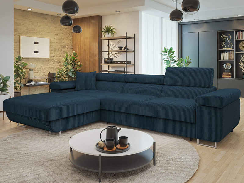 MIRJAN24 Ecksofa Torezio Mini Cord, mit Bettkasten und Schlaffunktion, Einstellbare Kopfstützen, 280x170x70-90 cm