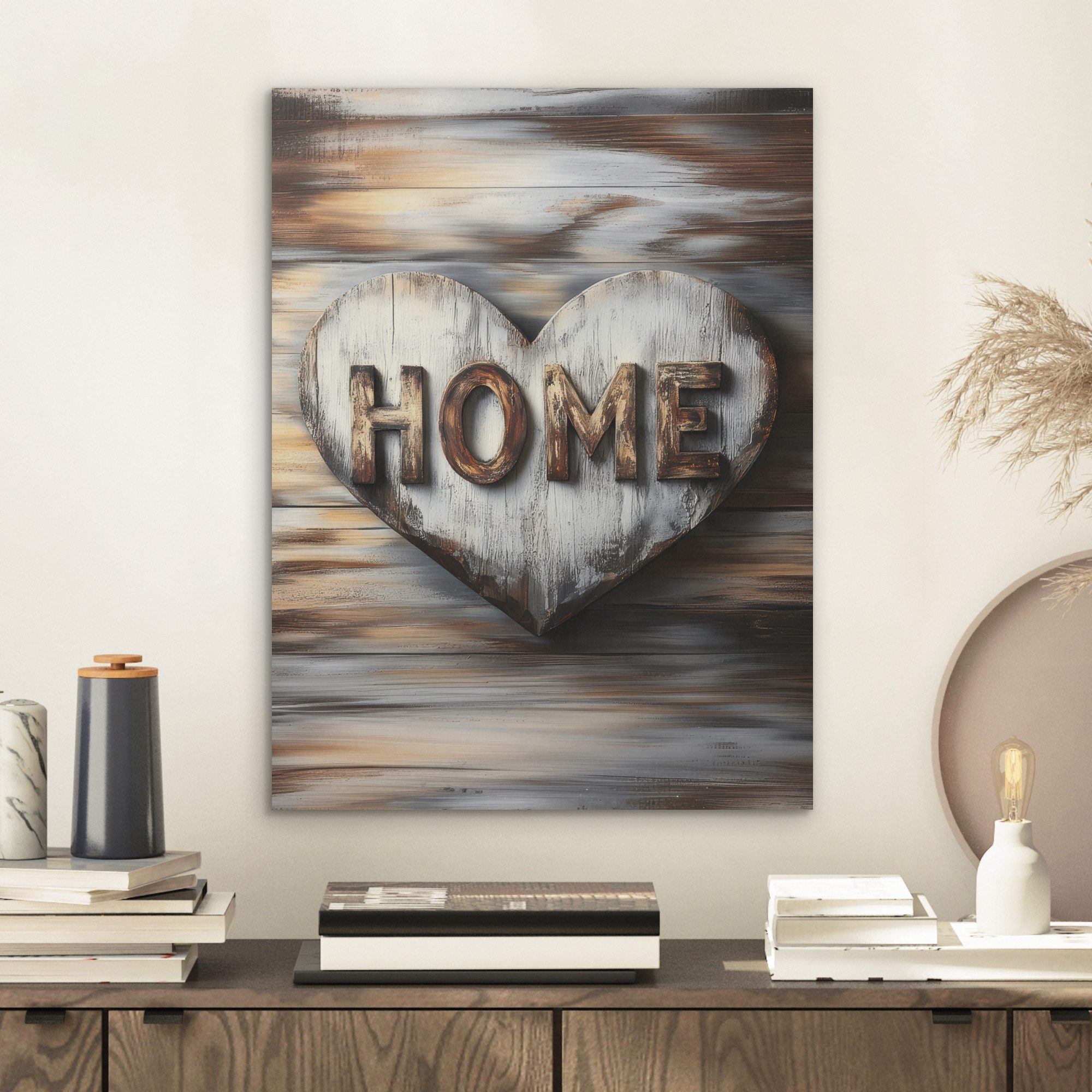 MuchoWow Gemälde Zuhause - Herz - Holzoptik - Liebe, Fotodruck (1 St), Akus günstig online kaufen