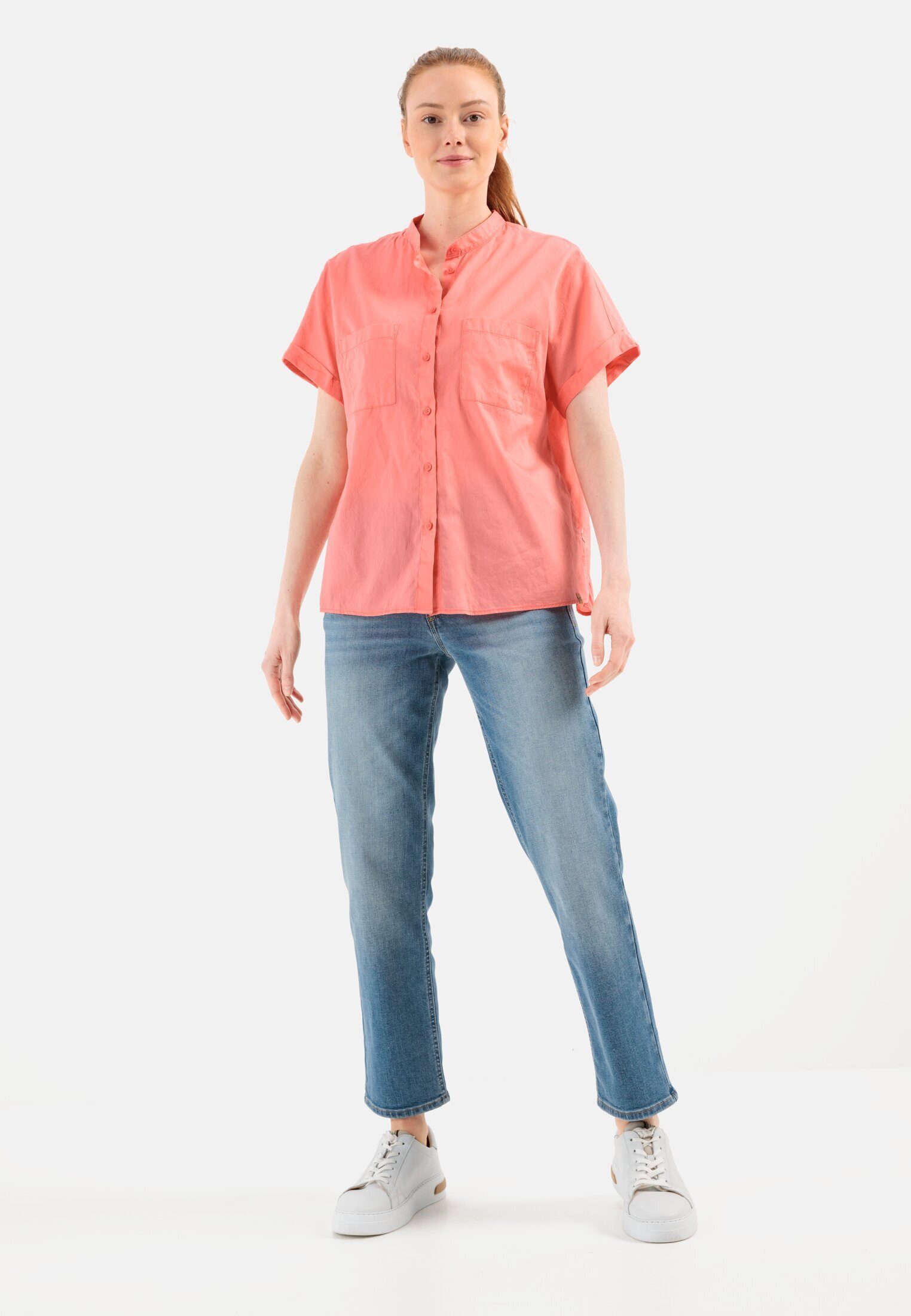 camel active Hemdbluse Baumwollbluse mit Stehkragen Halbarm unifarben