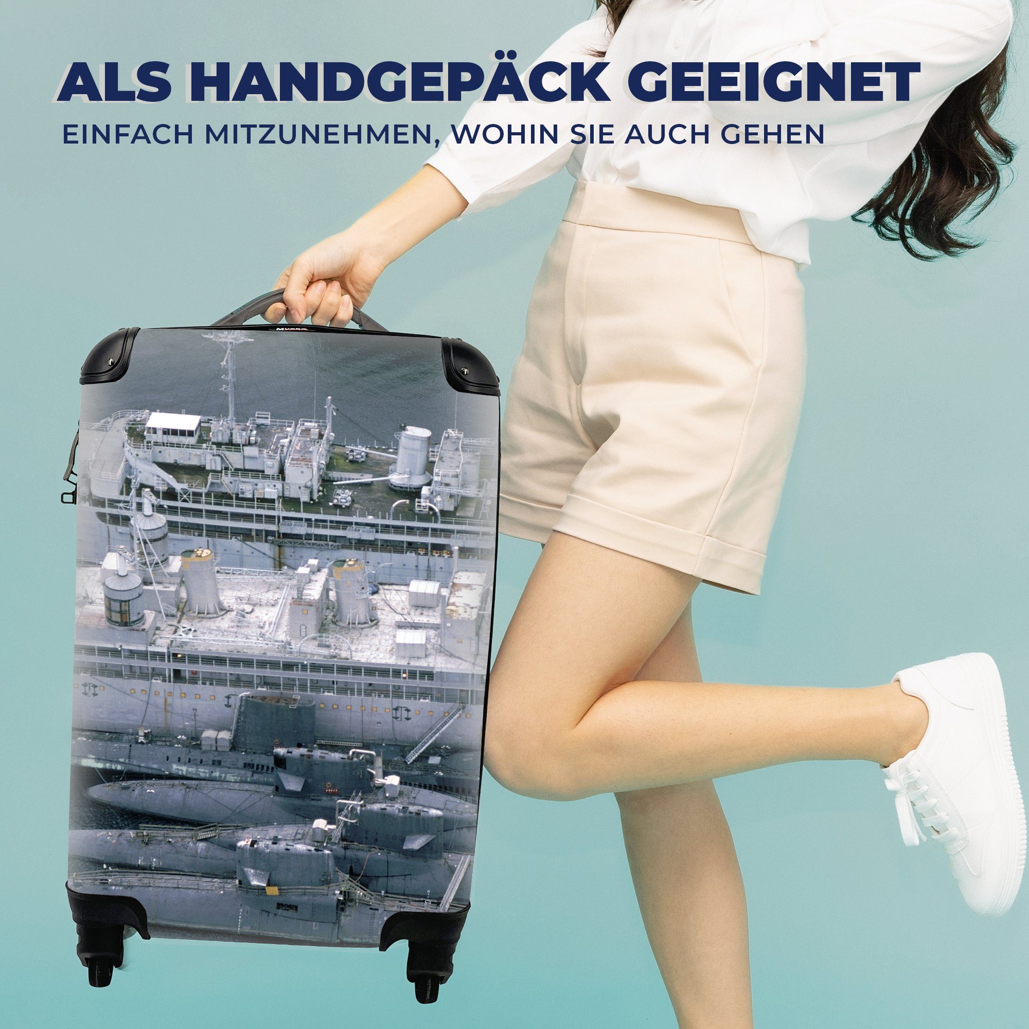 für Ein 4 mit Rollen, rollen, einigen Handgepäck mit MuchoWow Reisekoffer Handgepäckkoffer Marineschiff Trolley, Ferien, Reisetasche U-Booten,