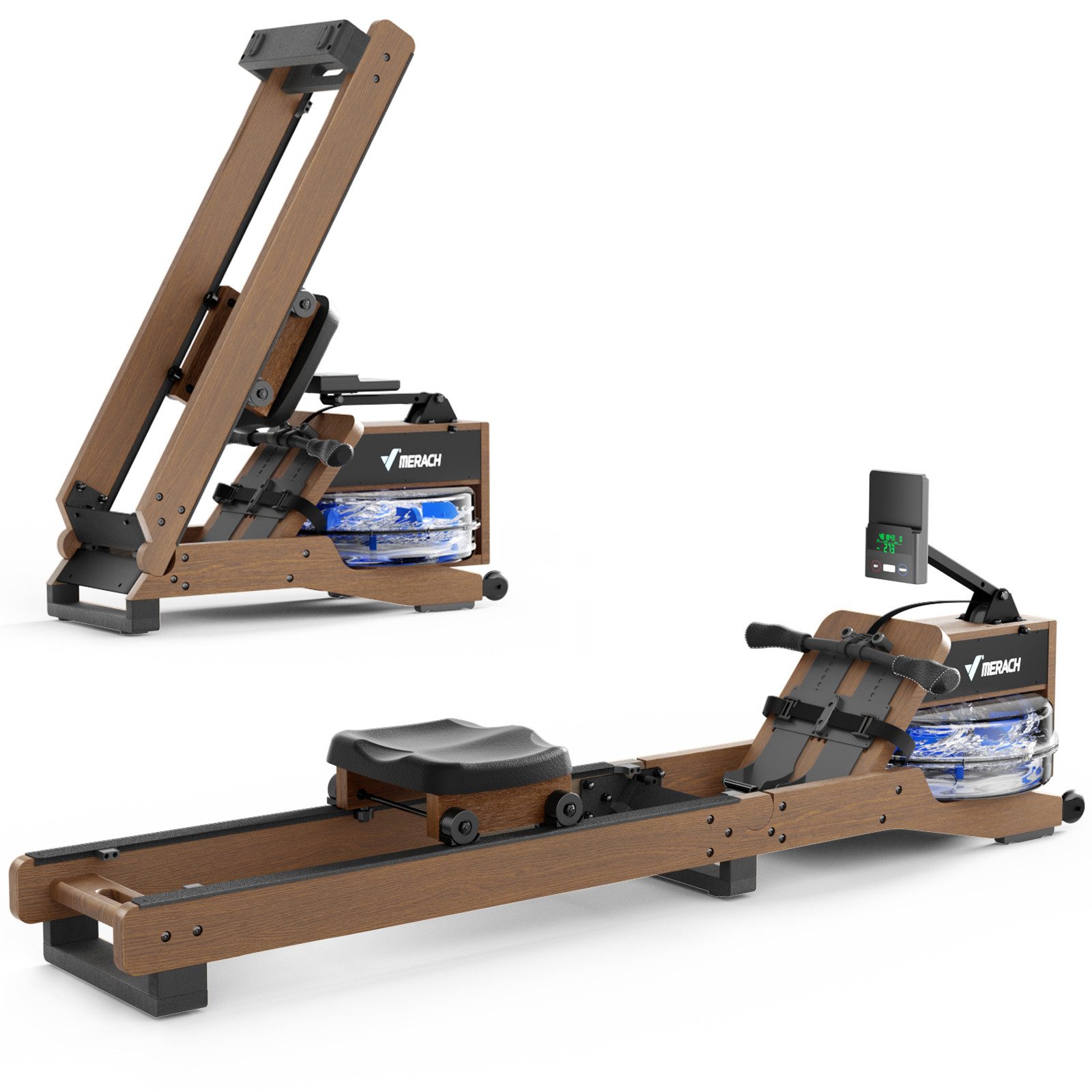 MERACH Rudergerät Wasser Rudergerät für Zuhause aus Holz, Rudermaschine mit Bluetooth (Rudergerät Wasser aus Eiche mit LCD-Datenanzeige, Verstellbarer Tablethalterung & ergonomischer Sitz), kompatibel mit Kinomap, Rudergeräte 158kg belastbar