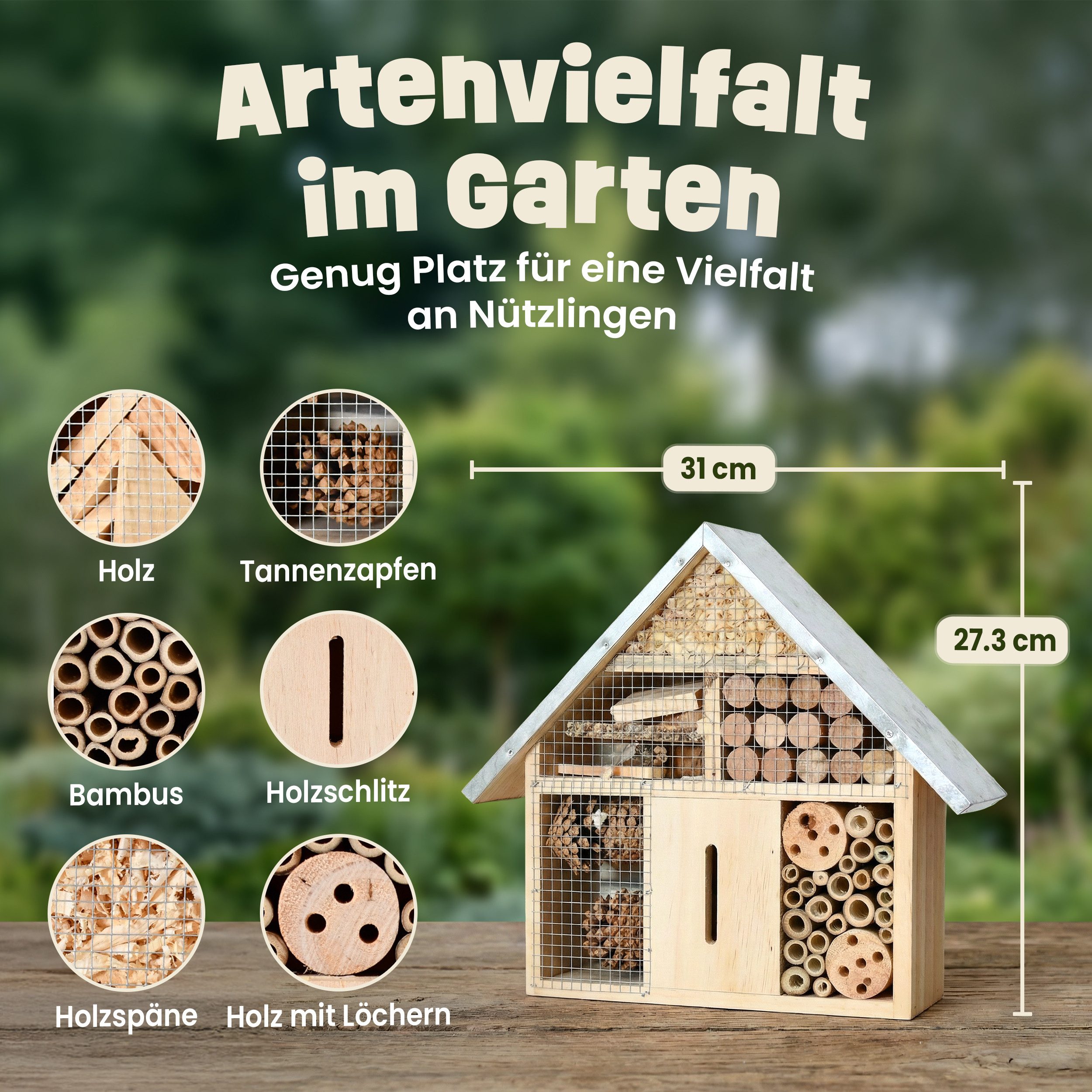 Zooprinz Insektenhotel Insektenhaus mit Aufhängung XXL Vollholz mit Blechdach, Bambus, Tannenzapfen, Holz mit Löchern, Holzspäne, Holzschlitz