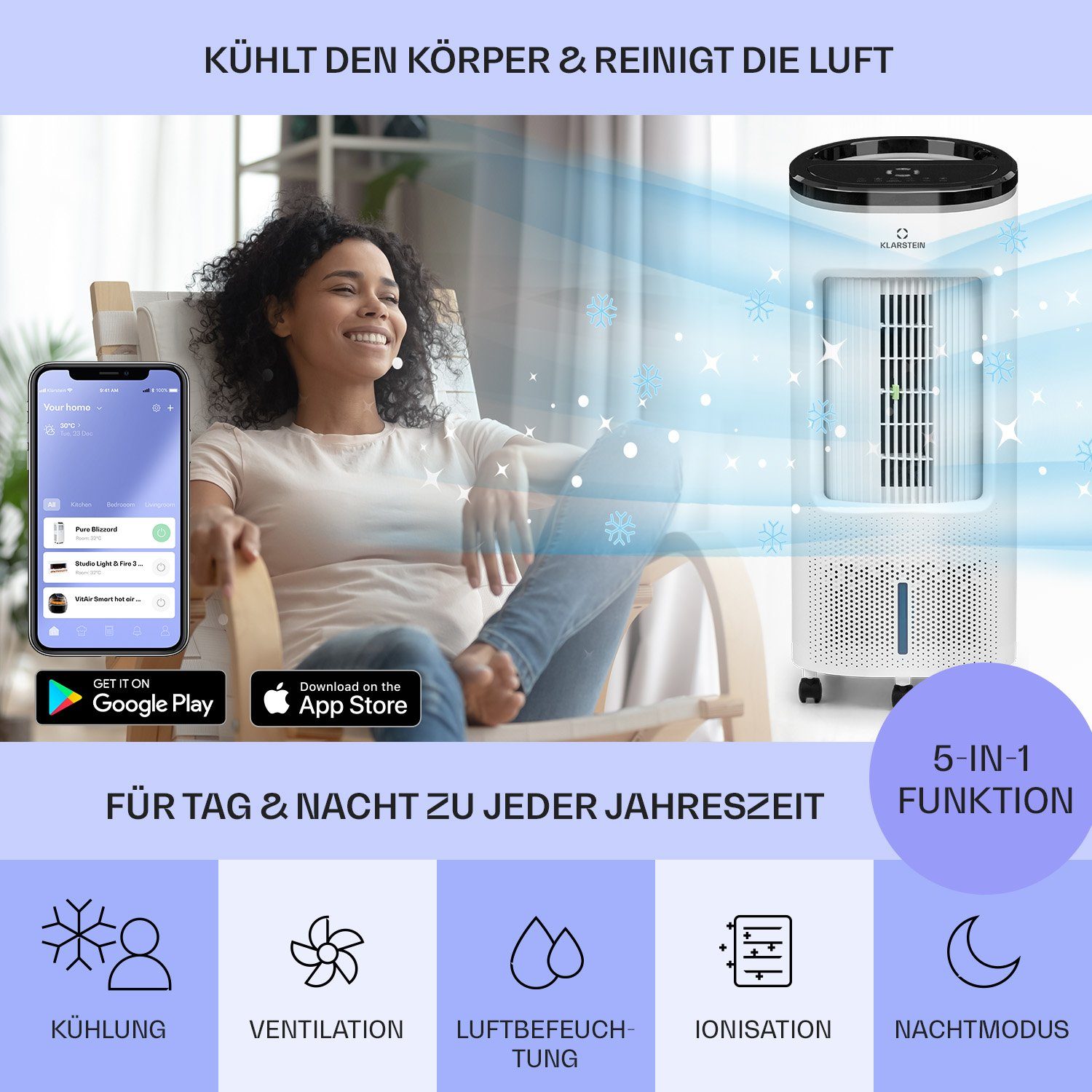 Klarstein Ventilatorkombigerät IceWind & mobil Plus Luftkühler, ohne Klimagerät 4-in-1 Abluftschlauch Smart Eis mit Wasserkühlung