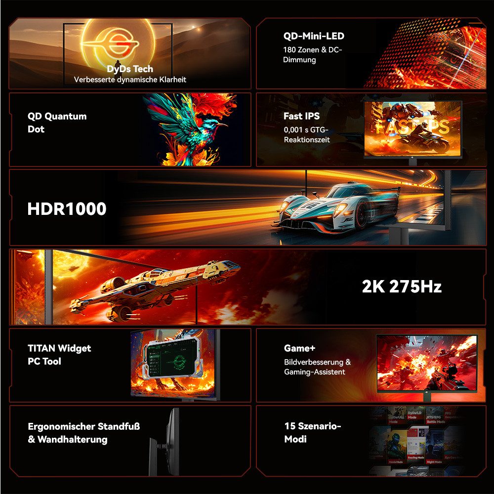 TITAN ARMY P276MS QHD 275Hz Overclock, 1ms MPRT, HDR1000 1200nits, FreeSync Gaming-Monitor (2560 × 1440 px, QHD, 1 ms Reaktionszeit, 240 Hz, IPS, neigbarer Standfuß, VESA-Wandhalterung)