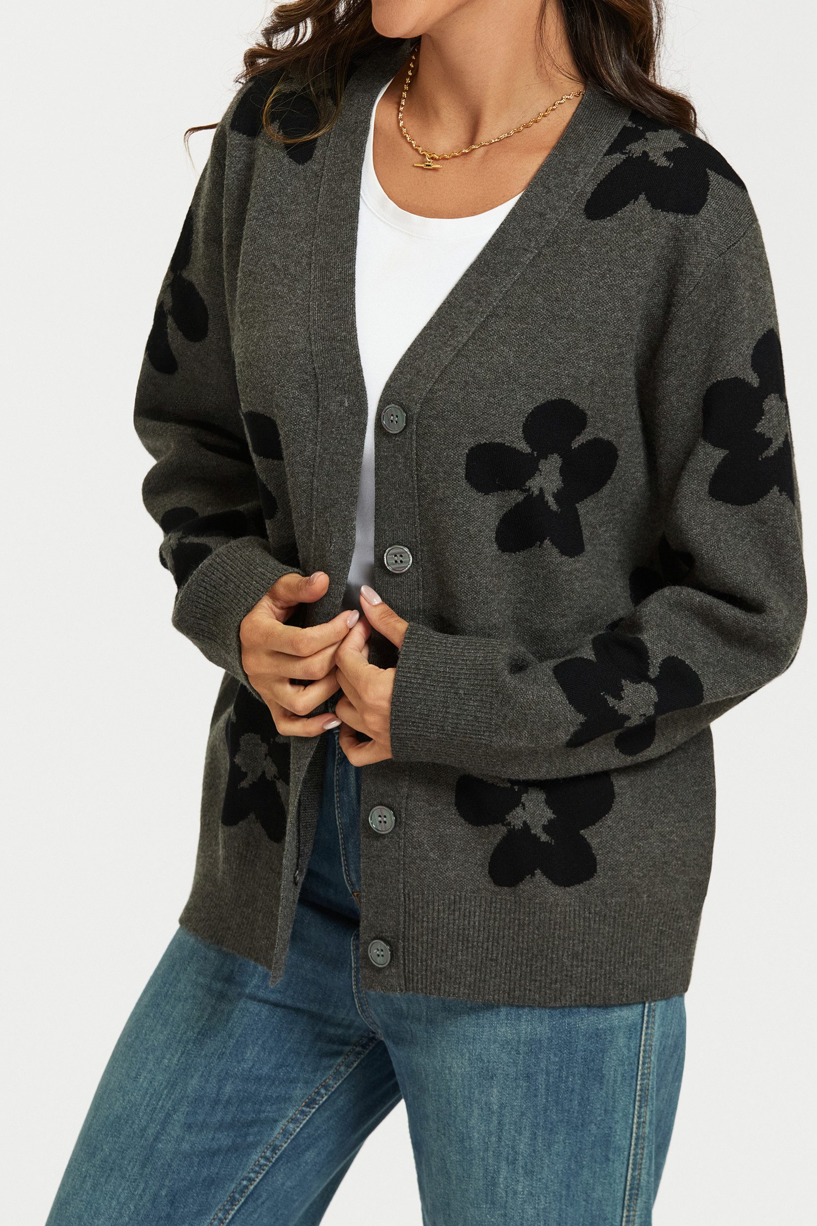 FS Collection Cardigan Damen Strickjacke Cardigan mit Blumenmuster, Dunkelgrau (Einheitsgröße (UK 8–16 / EU 36–44) 56 % Viskose, 26 % Polyester, 18 % Wolle