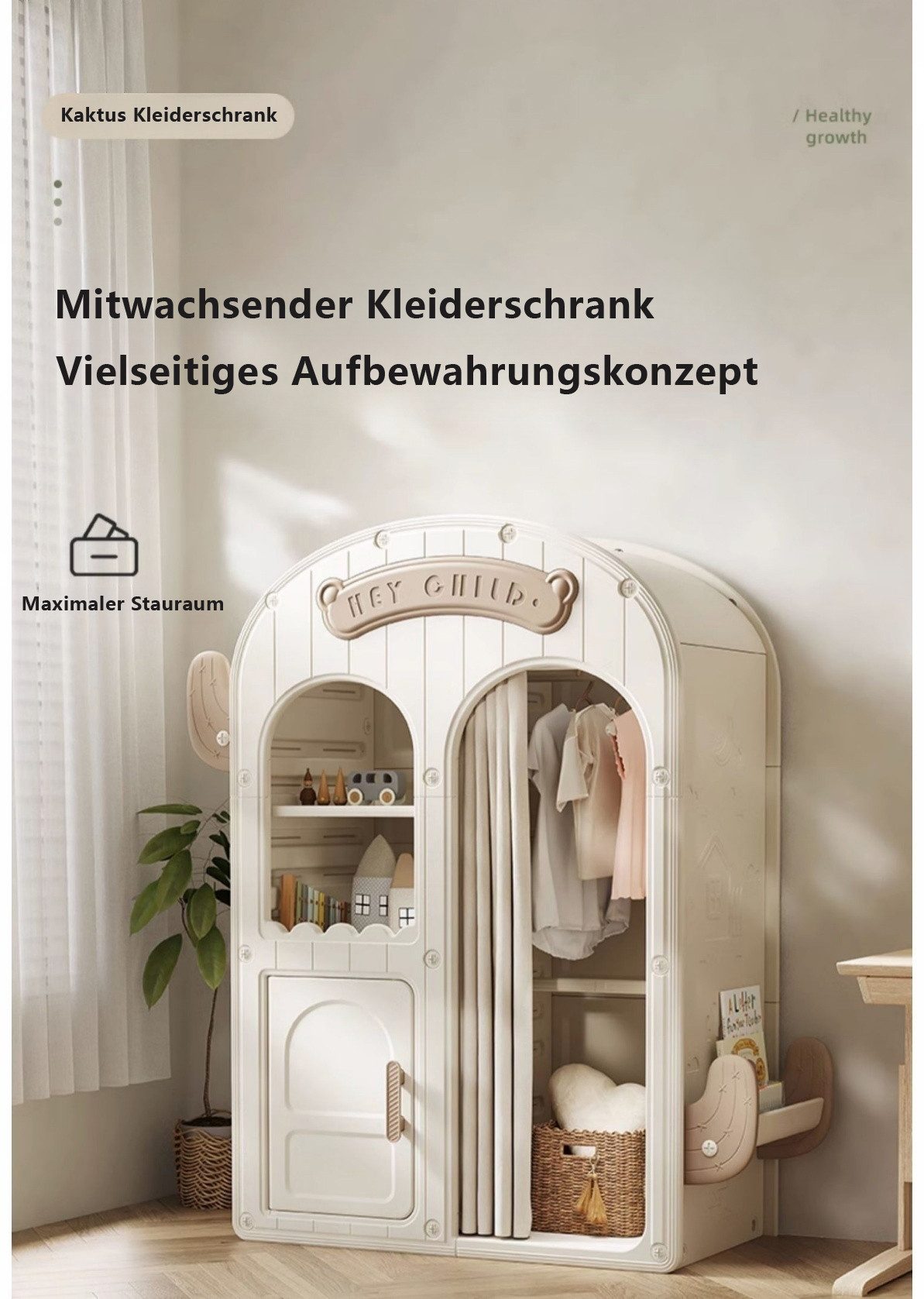 habeig Kinderkleiderschrank Beige-Hellbraun, 132x115x53cm, mit Kleiderstang günstig online kaufen