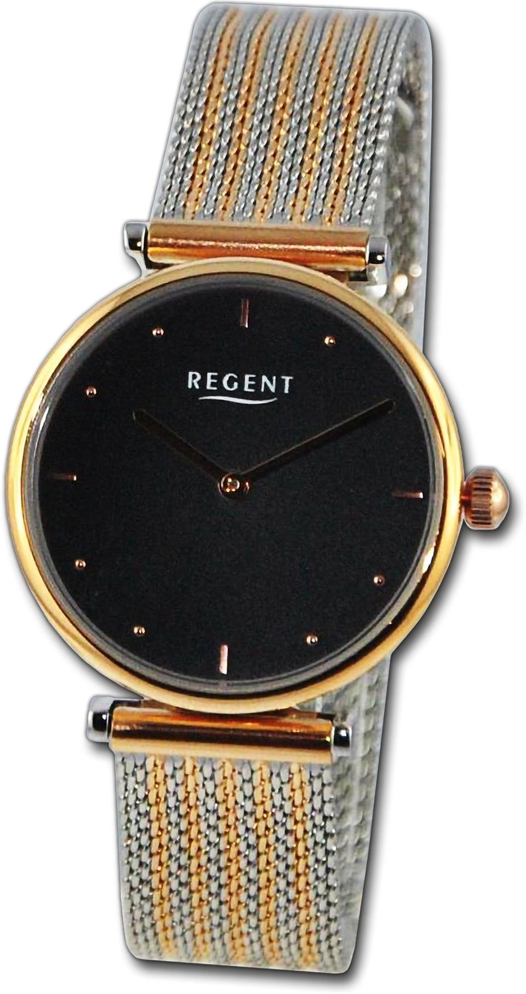 Regent Quarzuhr Regent Damen Armbanduhr Analog, Damenuhr Metallarmband silber, rosegold, rundes Gehäuse, groß (33mm)