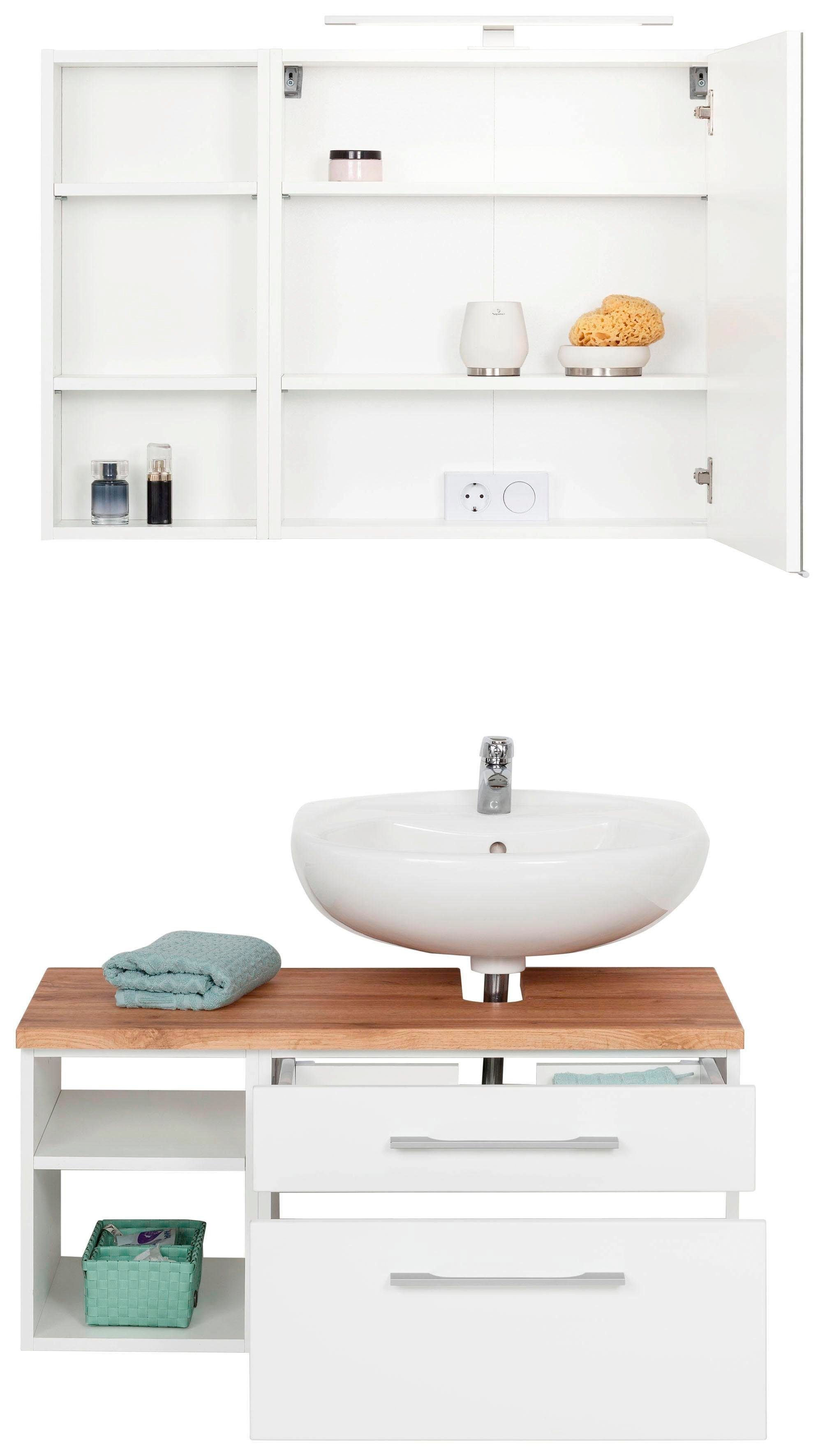 welltime Badmöbel-Set Davos, (3-St), mit LED-Beleuchtung, Hängeschrank und Waschbeckenunterschrank