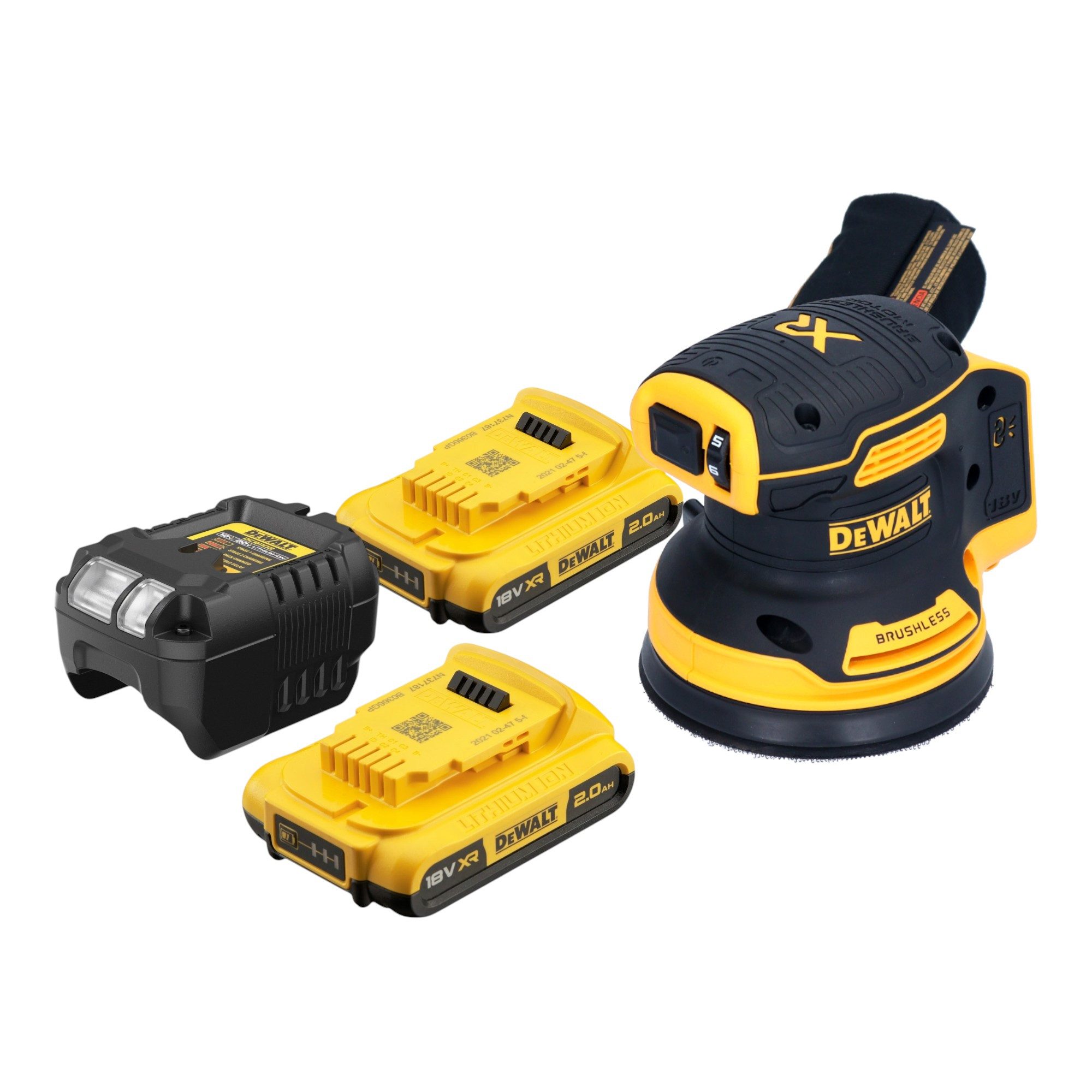DeWalt Akku-Exzenterschleifer DCW 210 D2 18 V 125 mm Brushless + 2x Akku 2,0 Ah + Ladegerät