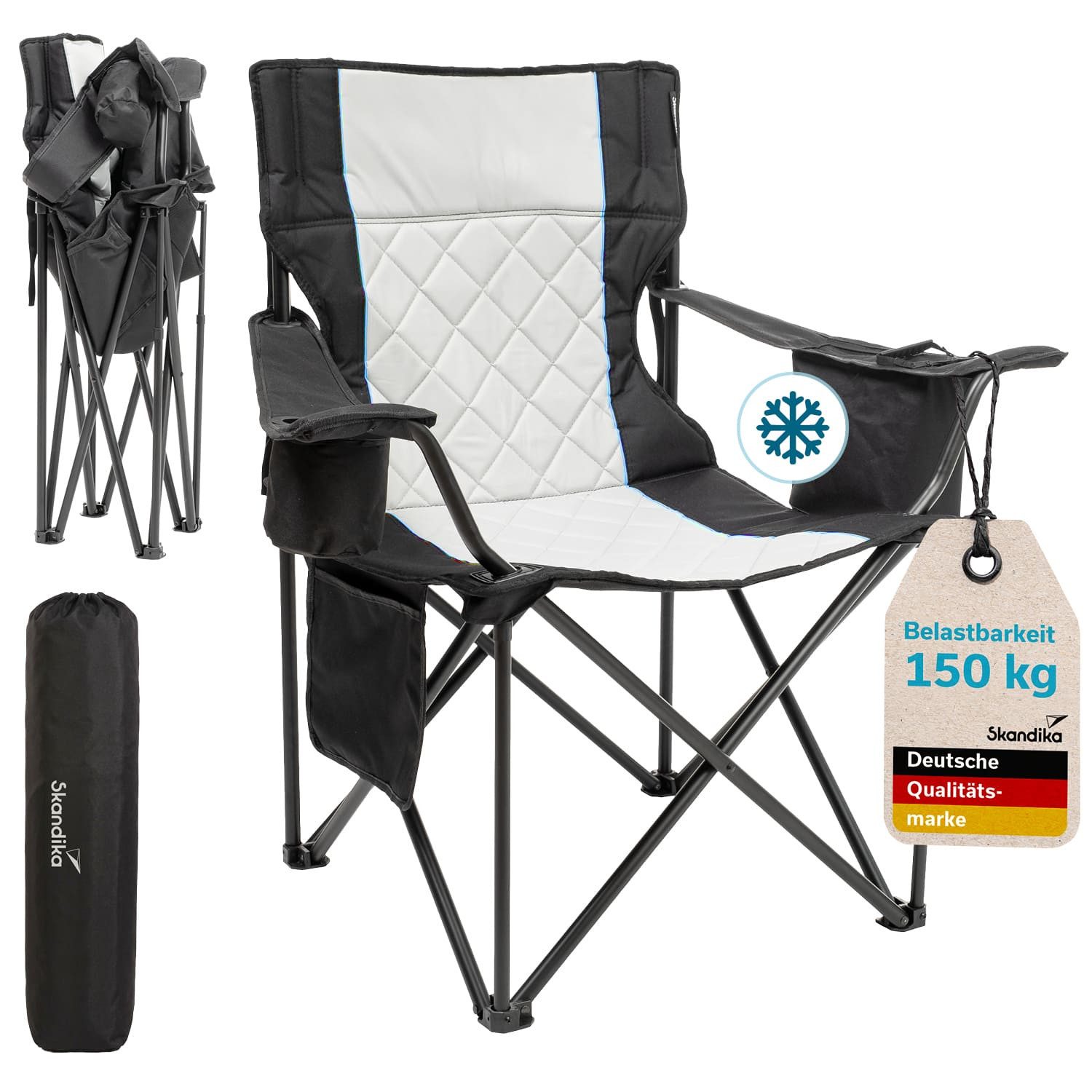 Skandika Campingstuhl Quilta, Bequemer Klappstuhl mit Kühlfach, Faltmechanismus (Getränkehalter, Max. Nutzergewicht 150 kg, Organizer-Tasche), Tragetasche, Anti-Rutsch-Füße, Maße 92 × 57 × 96 cm