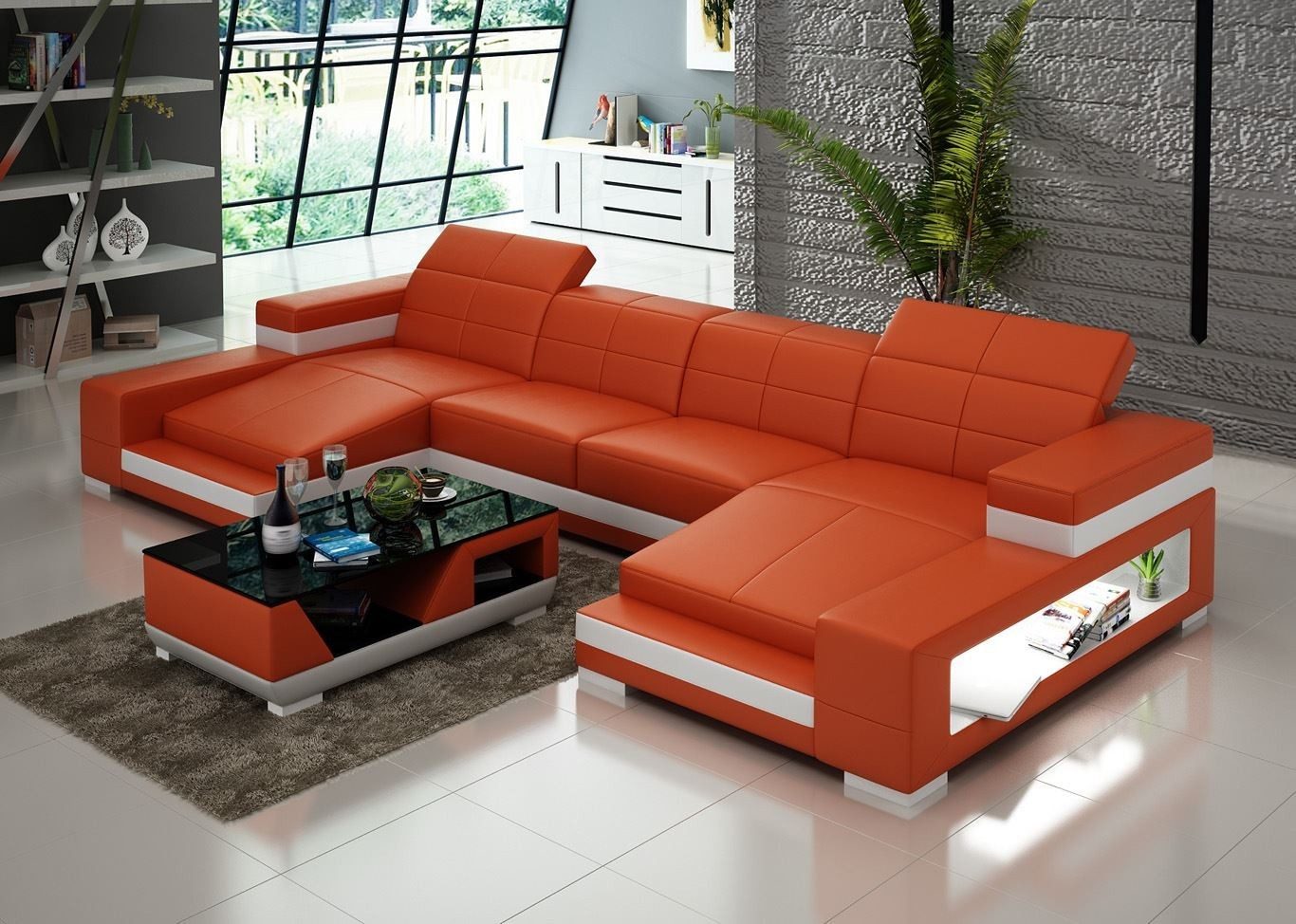 JVmoebel Wohnlandschaft U-Form Polstercouch in Orange aus Leder, Made in Europa