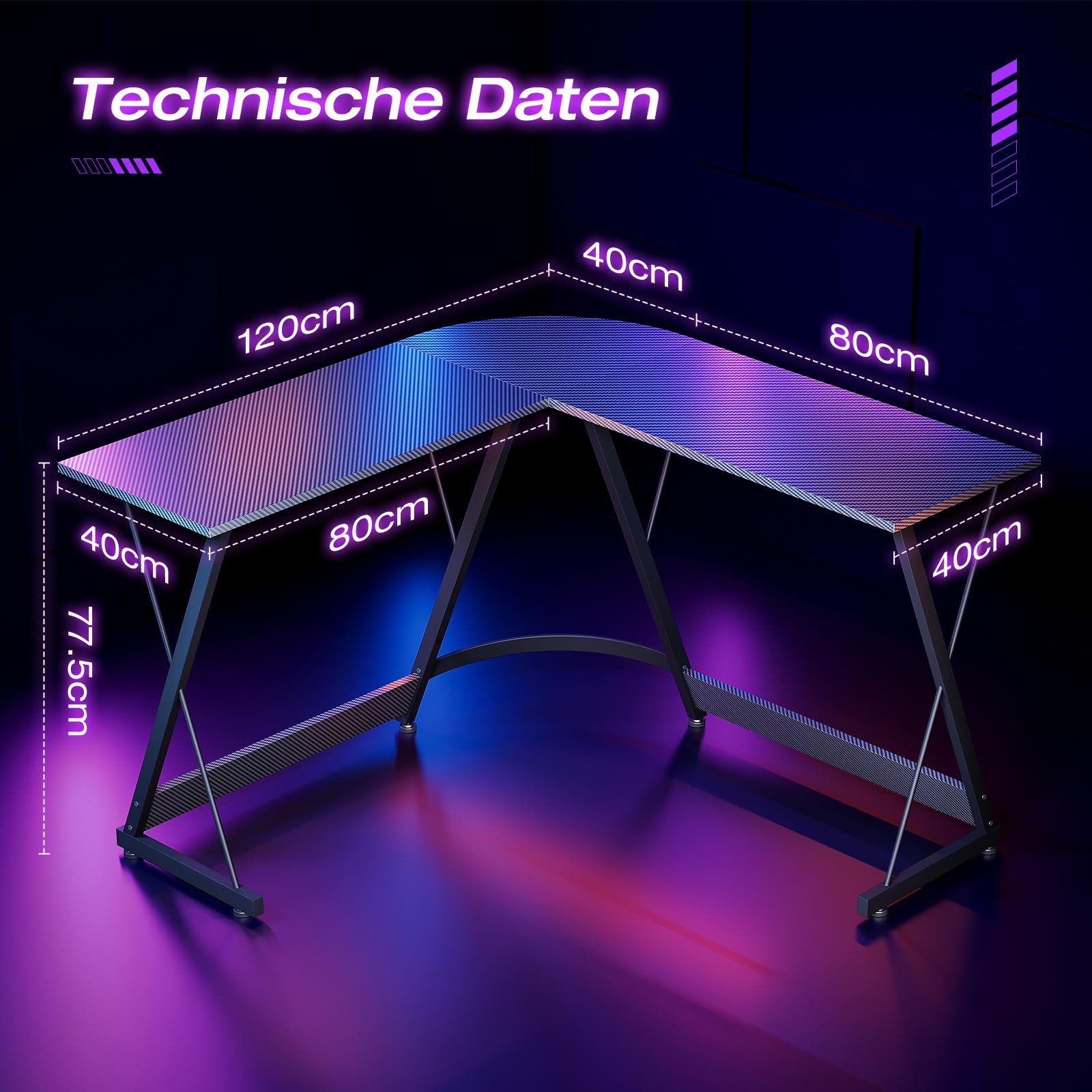 ODK Gamingtisch L Form 120cm – Eckschreibtisch in Kohlefaser Optik (1-St), Platzsparender Computertisch für Büro, Gaming & Streaming