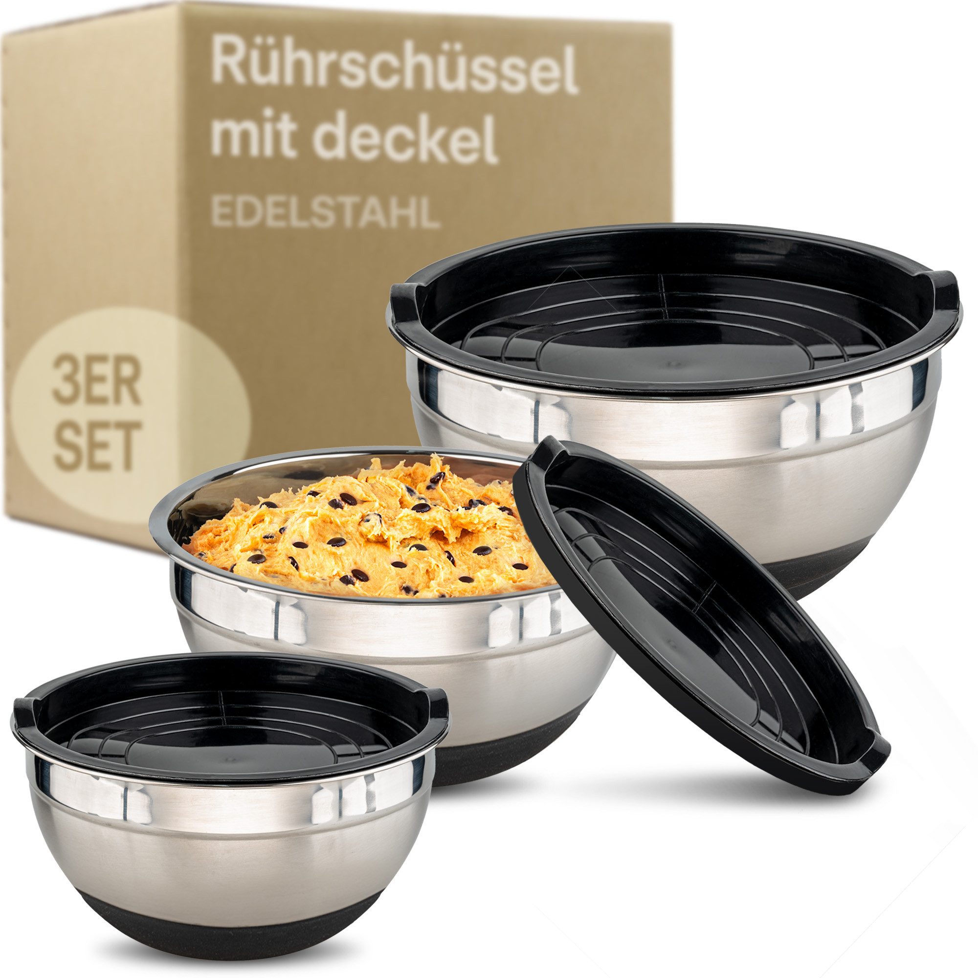 Praknu Salatschüssel 3er Set Rührschüssel Schwarz mit Deckel aus Edelstahl, Edelstahl, (Set, 3-tlg), Luftdicht - Rührschüssel mit Messskala - Ideal zum Mischen