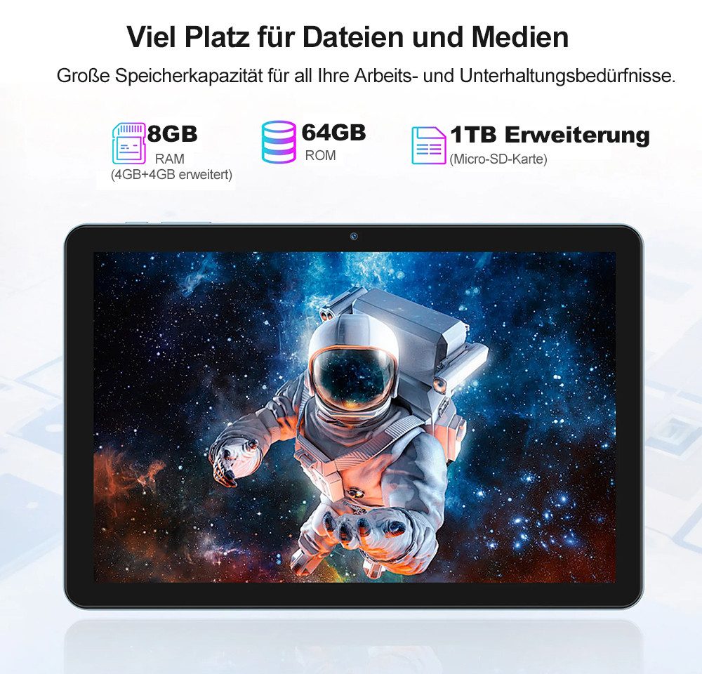 PRITOM 10 Zoll Android 15 Tablet, WiFi 6, mit Tastatur, Maus, Hülle, Hellblau Tablet (Dual-Box-Lautsprecher,6000mAh,64GB)